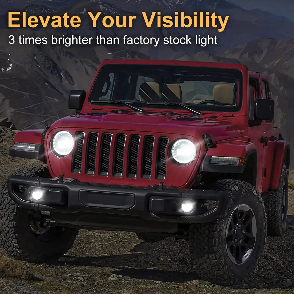 7 LED King Kong Headlight + 9 Headlight Bracket + 4 Smile Fog Light Kit for Jeep Wrangler JL (2018-2023) - Off-Road Adventure & Night Driving Upgrade
