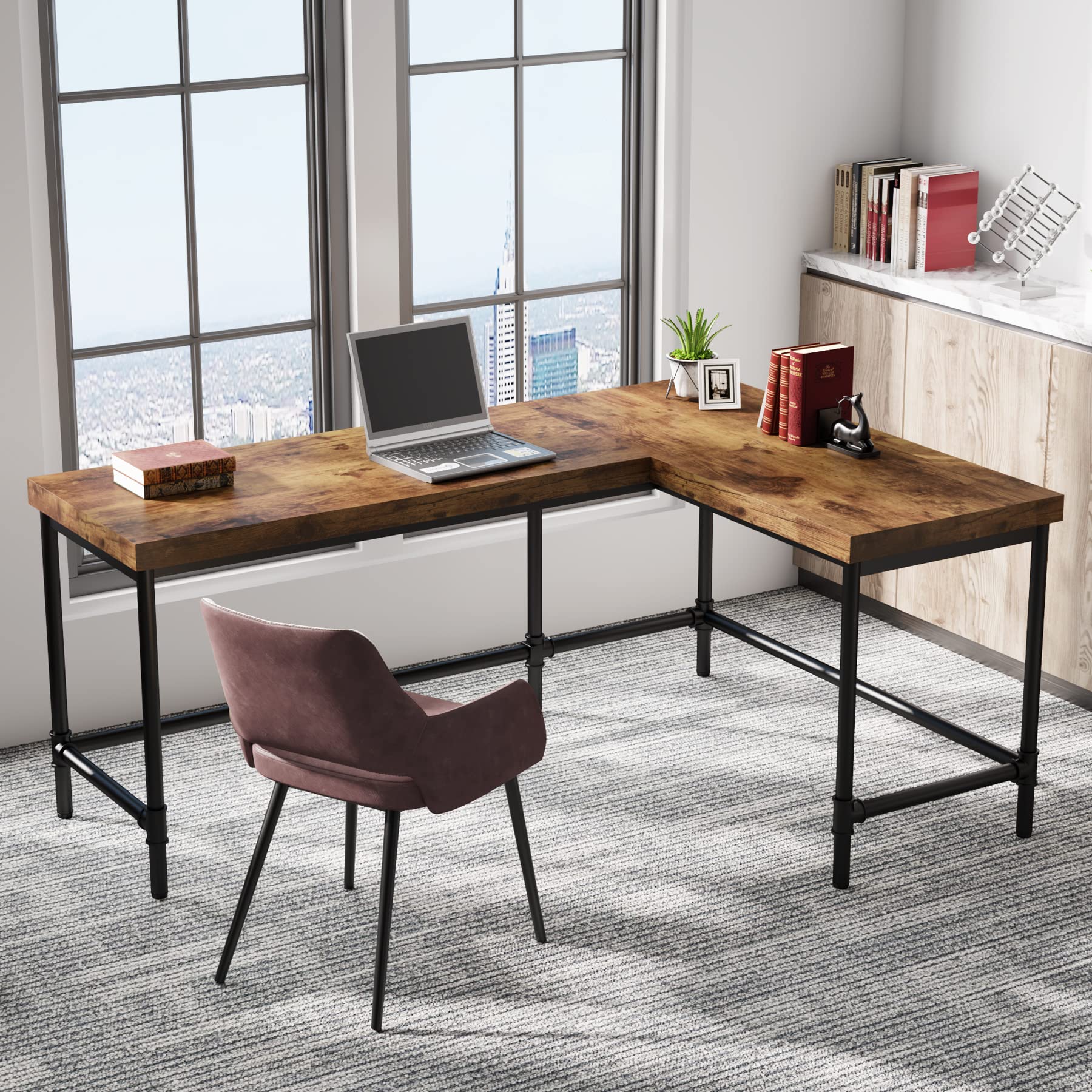 Tribesigns 67 Inch L-Shaped Computer Desk - Reversible Corner Office Desk with Metal Pipe Legs, Industrial Style Workstation for Home Office, Study & Gaming (Rustic Brown) | Perfect for Small Spaces & Multi-Monitor Setups