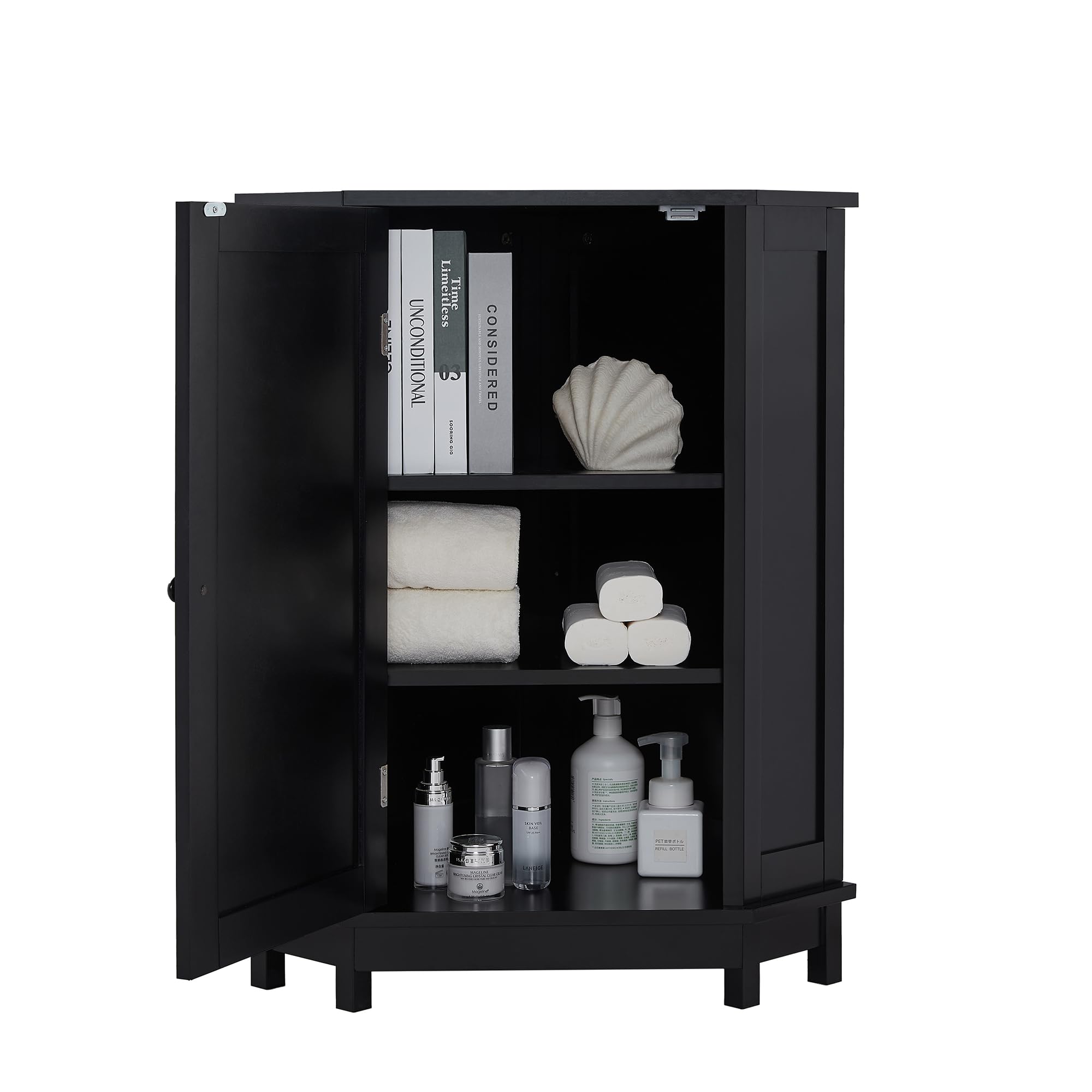 Black Wooden Freestanding Corner Storage Cabinet with Single Door and Shelves - Bathroom, Kitchen, Living Room Organizer for Small Spaces | Home & Office Storage Solution