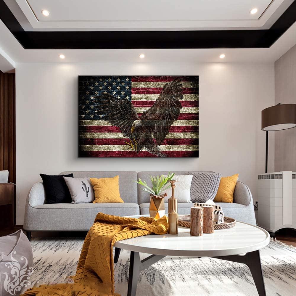 Patriotic American Flag Canvas Wall Art with Bald Eagle - Ready to Hang 28x40 Inches - USA Country Flags Decor for Living Room, Office & Man Cave - Perfect for Independence Day, Veterans Day & Home Decoration
