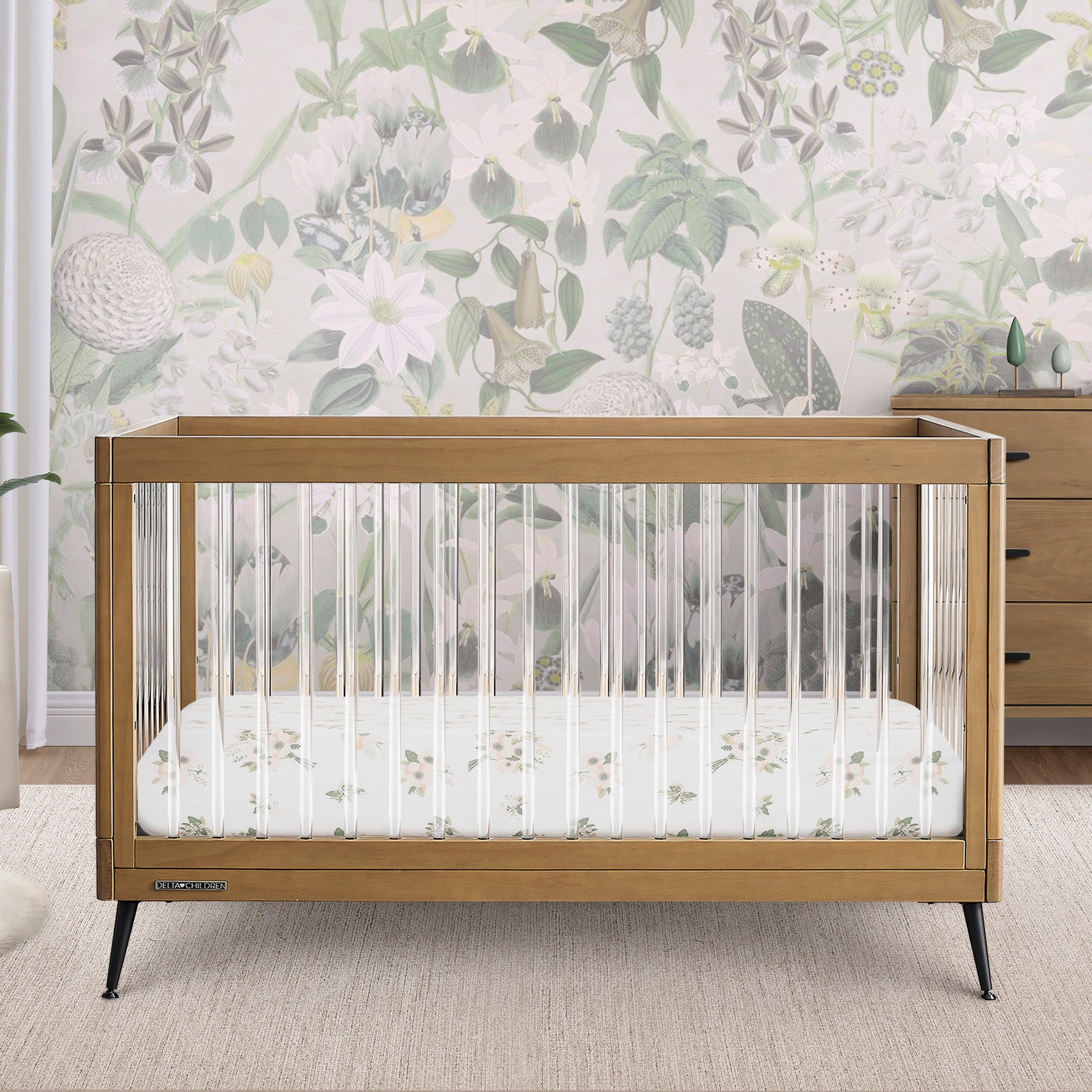 Sloane 4-in-1 Convertible Acrylic Baby Crib - Modern Nursery Furniture for Newborns, Toddlers & Kids (Daybed, Twin Bed Conversion)