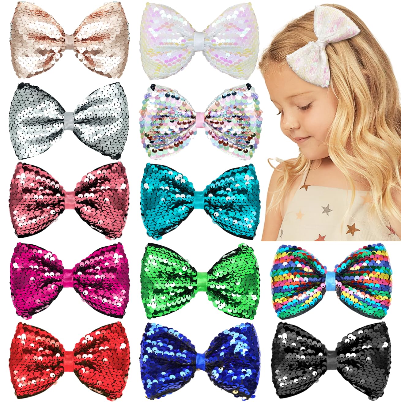 12 Colors Glitter Bow Hair Clips for Baby Girls - 5 Inch Handmade Christmas Hair Accessories for Toddlers & Little Girls (Perfect for Holidays, Parties & Daily Wear)