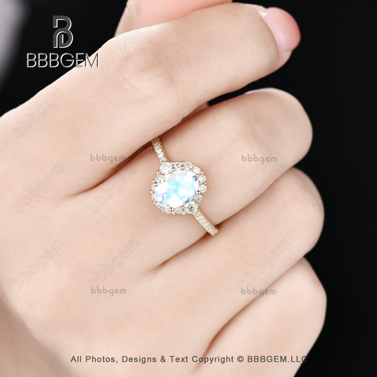 6X8mm Oval Moonstone Wedding Ring with Moissanite Halo in 18K Yellow Gold - Elegant Bridal Ring for Women, Perfect Christmas Gift for Anniversary, Engagement or Special Occasions