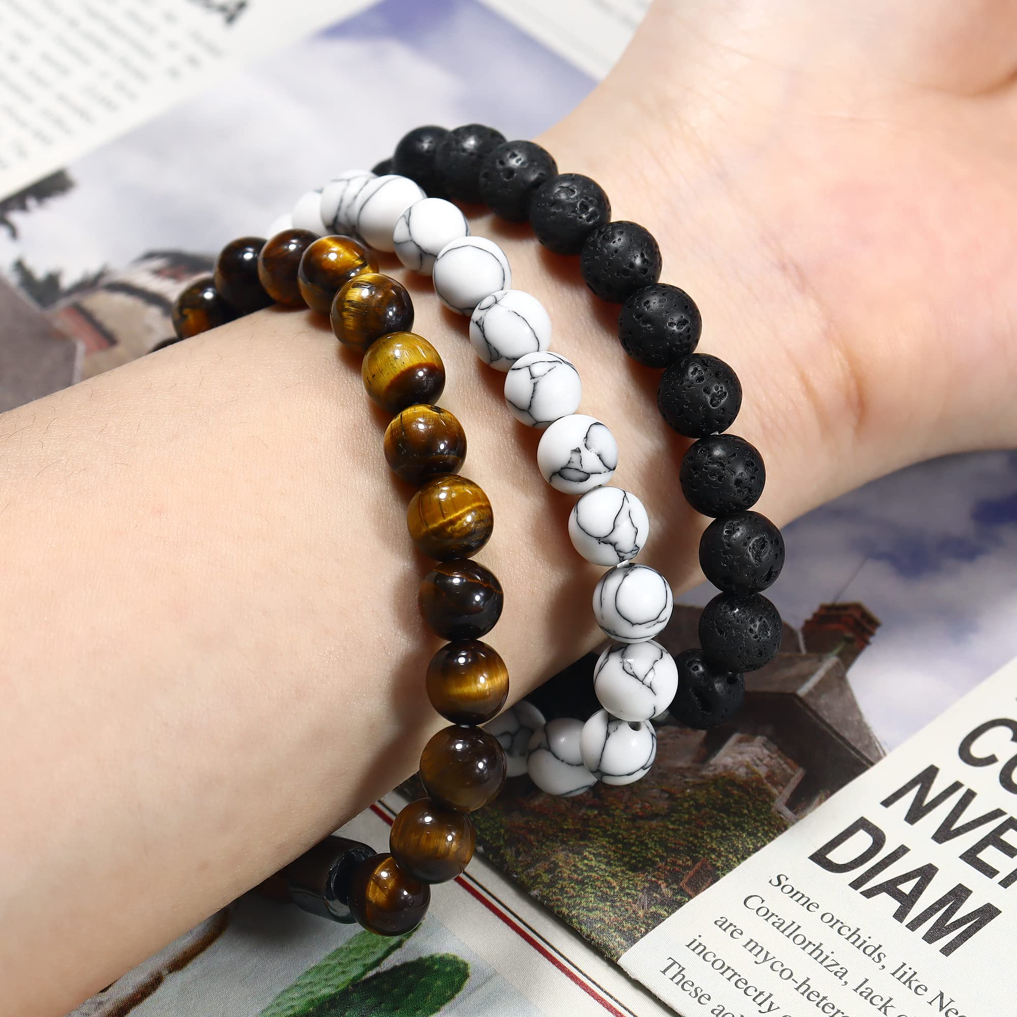 Albefer 3Pcs Natural Tiger Eye Stone Beaded Bracelet for Men & Women - Adjustable Healing Crystal Jewelry for Protection, Wealth & Positive Energy - Perfect Birthday Gift, Meditation & Spiritual Wellness Accessory