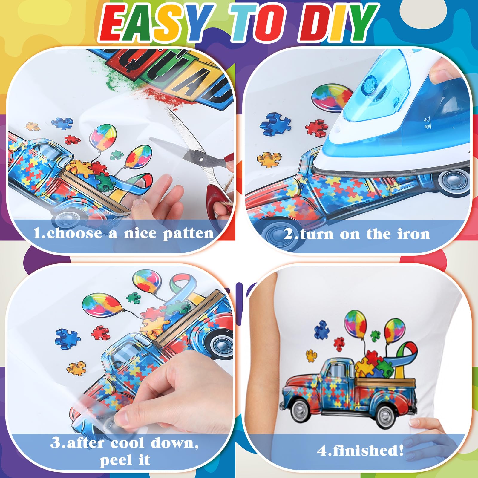 30 Pcs Autism Awareness Iron-On Transfers - Puzzle Rainbow Vinyl Patches for Clothes, DIY Heat Stickers for T-Shirts, Bags & Hats - Autism Support & Awareness Decals for Kids & Adults