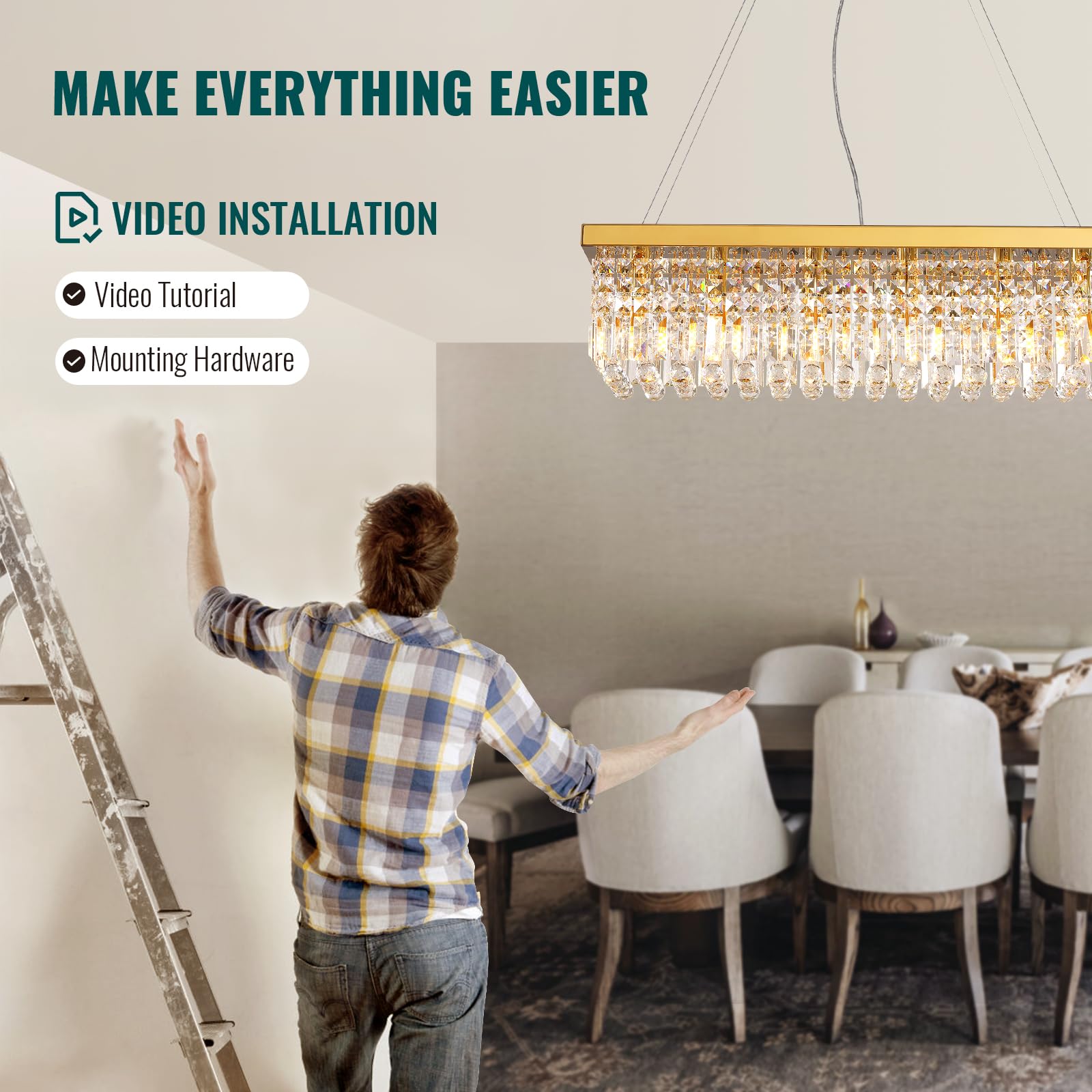 Siljoy 6-Light Modern Crystal Chandelier - Rectangular Gold K9 Crystal Raindrop Pendant Light for Dining Room, Living Room & Kitchen Island (31.5