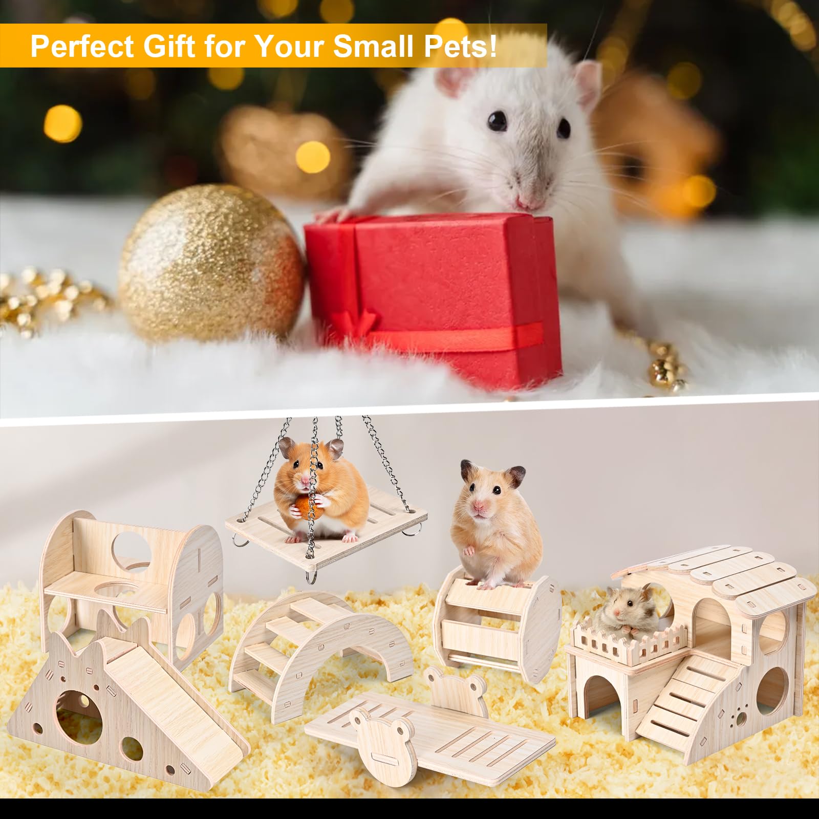 7pcs Wooden Hamster Cage Accessories Set - Hamster House, Exercise Ball, Seesaw Bridge, Hideout & Swing Toys for Hamsters, Guinea Pigs & Small Pets | Perfect for Cage Enrichment & Playtime Activities