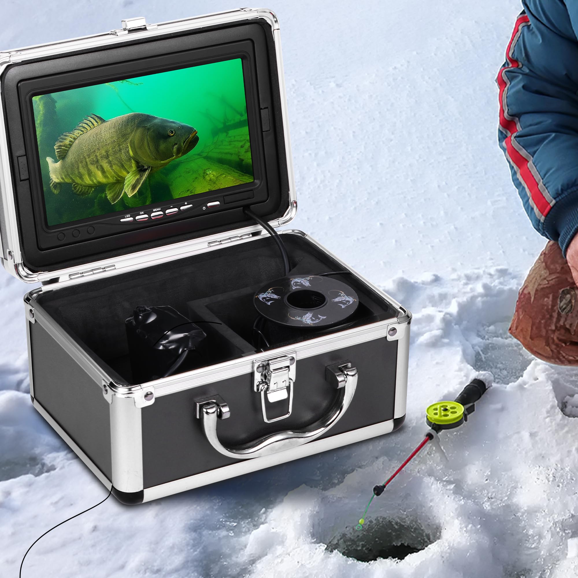 Underwater Fishing Camera with 12pcs IR & 12pcs LED Lights, 1200TVL HD, 7'' LCD Screen - 4,500mAh Li-Battery, 50ft Cable - Ice Fishing Camera & Fish Finder for Men - Perfect for Ice, Lake & Boat Fishing Adventures
