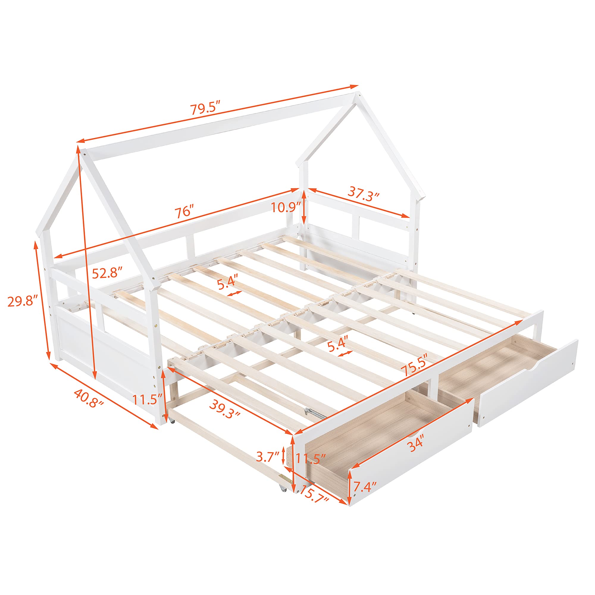 Wooden House-Shaped Daybed with Trundle & 2 Drawers - Kids & Teens Bed Frame with Roof - No Box Spring Needed - White - Perfect for Bedrooms, Playrooms & Sleepovers