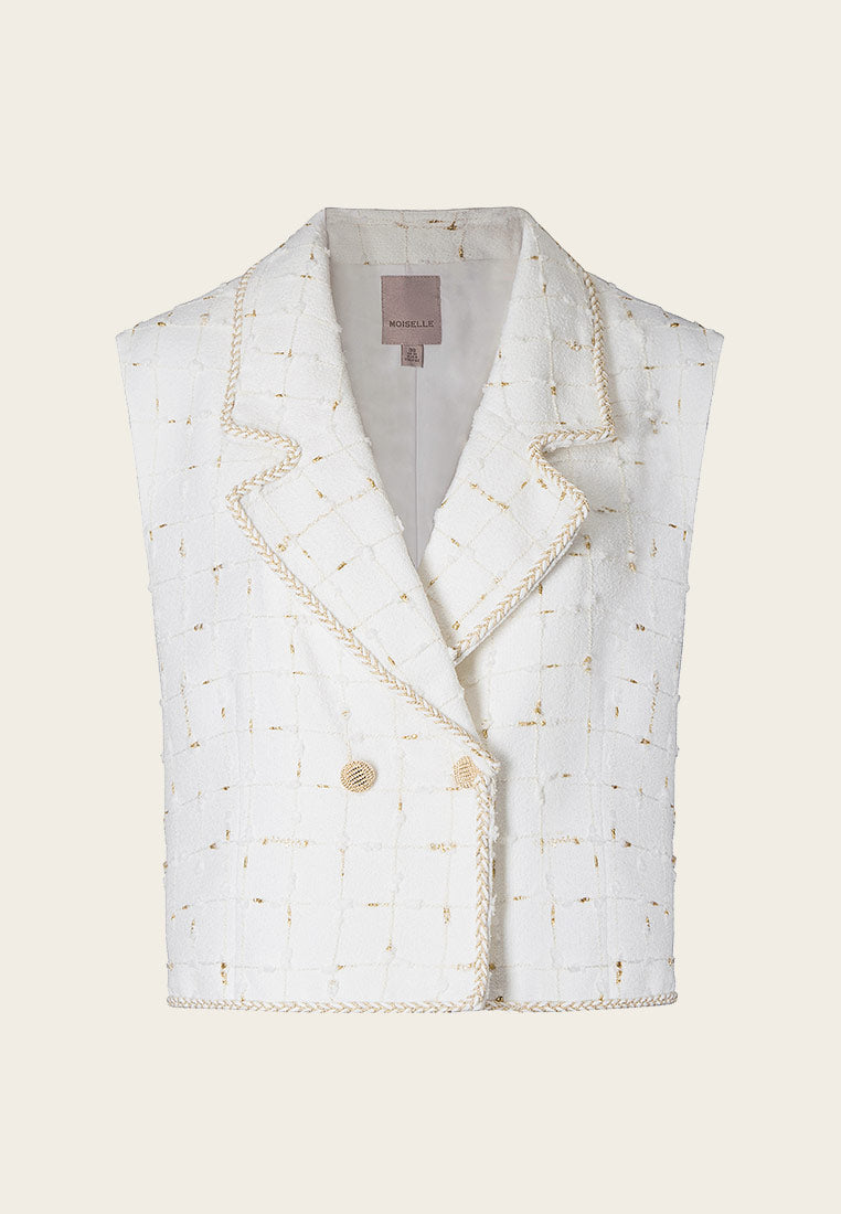 Elegant White & Gold Sleeveless Lapel Crop Vest for Women - Perfect for Cocktail Parties, Weddings & Formal Events