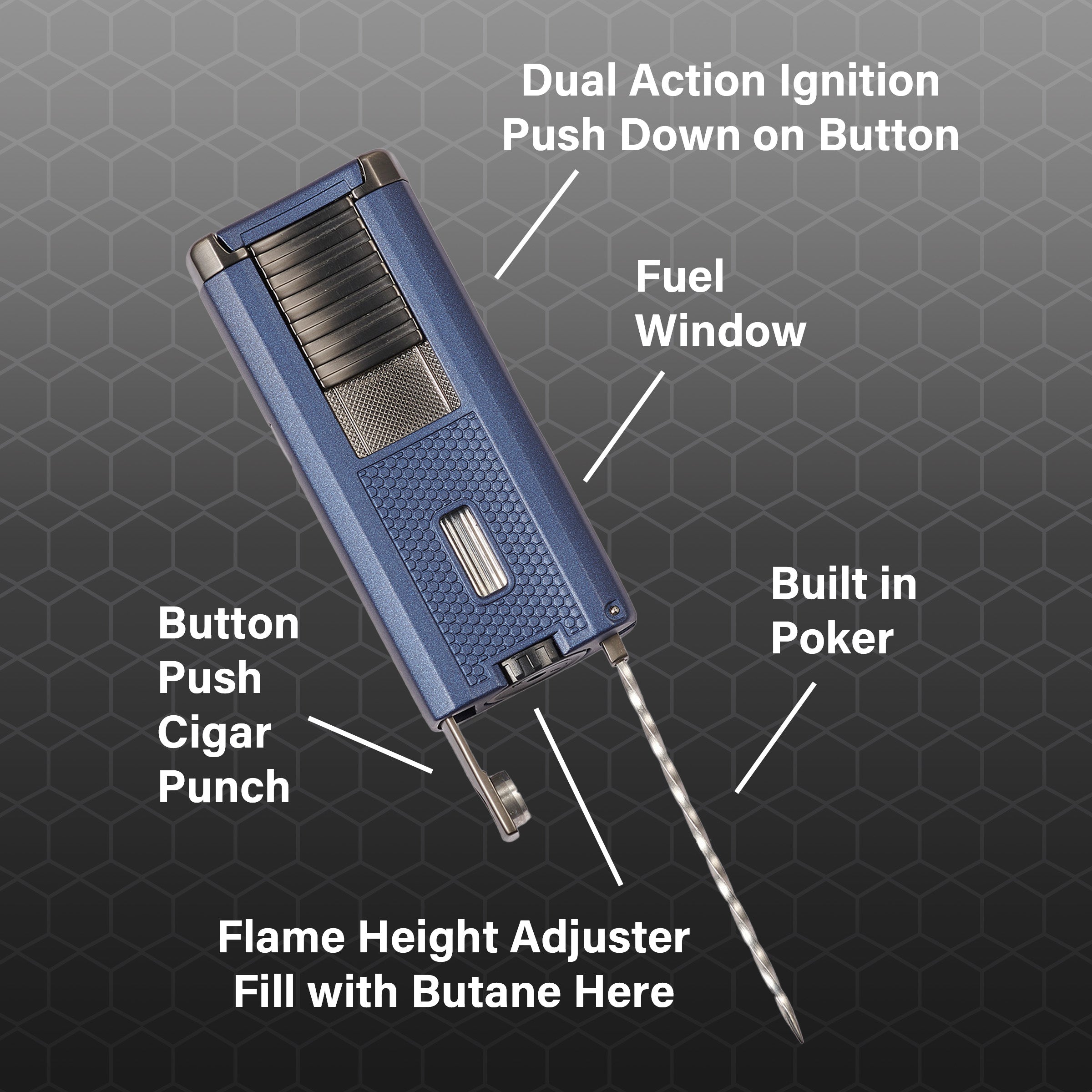 Premium Visol Striker Triple Torch Flame Lighter with Cigar Poker - Windproof Butane Lighter for Cigars, Cigarettes & Outdoor Use (Blue) - Perfect for Camping, Hiking & BBQ Parties