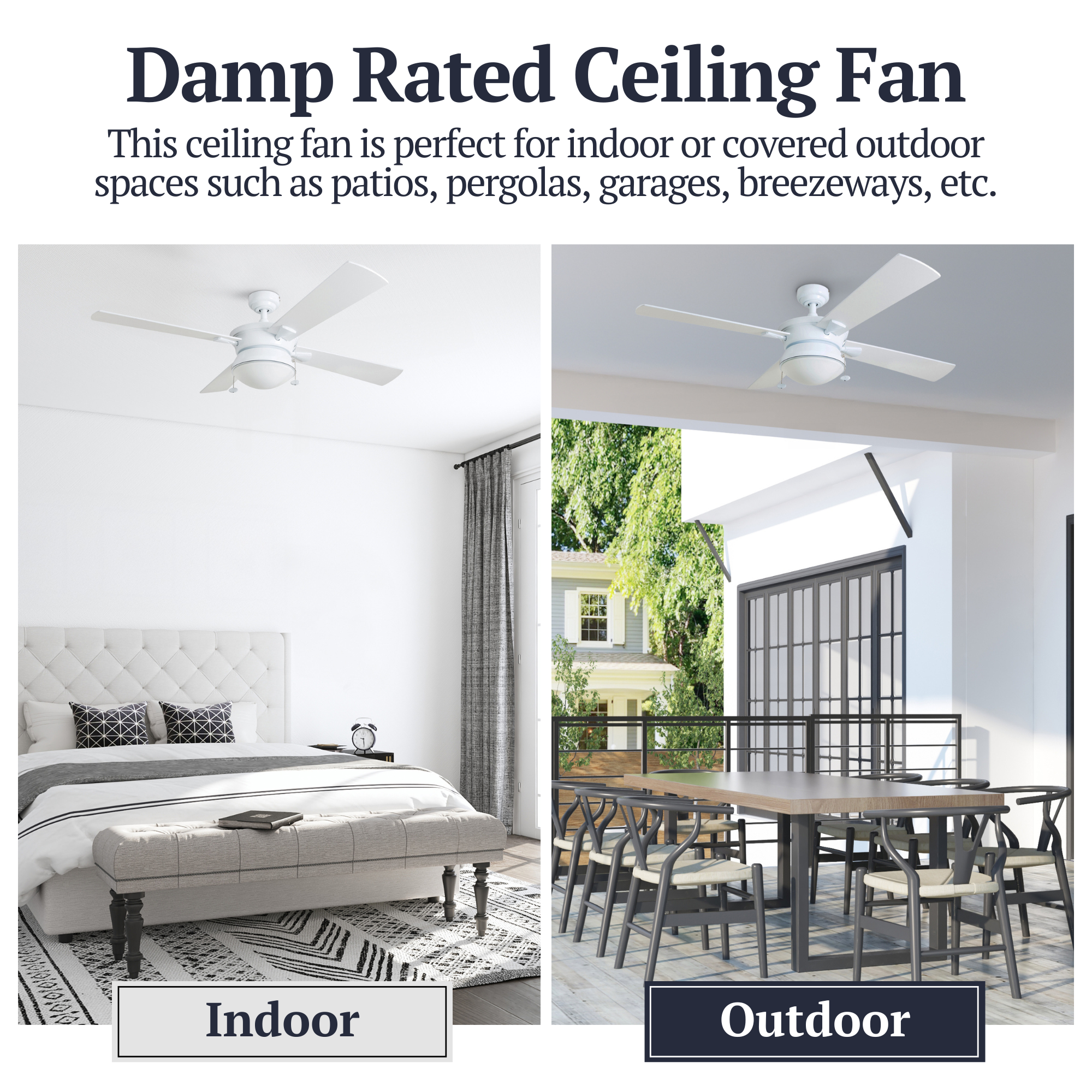 52 Inch White Auletta Ceiling Fan with Pull Chain - Indoor/Outdoor Use for Bedroom, Living Room, Patio & Covered Porch