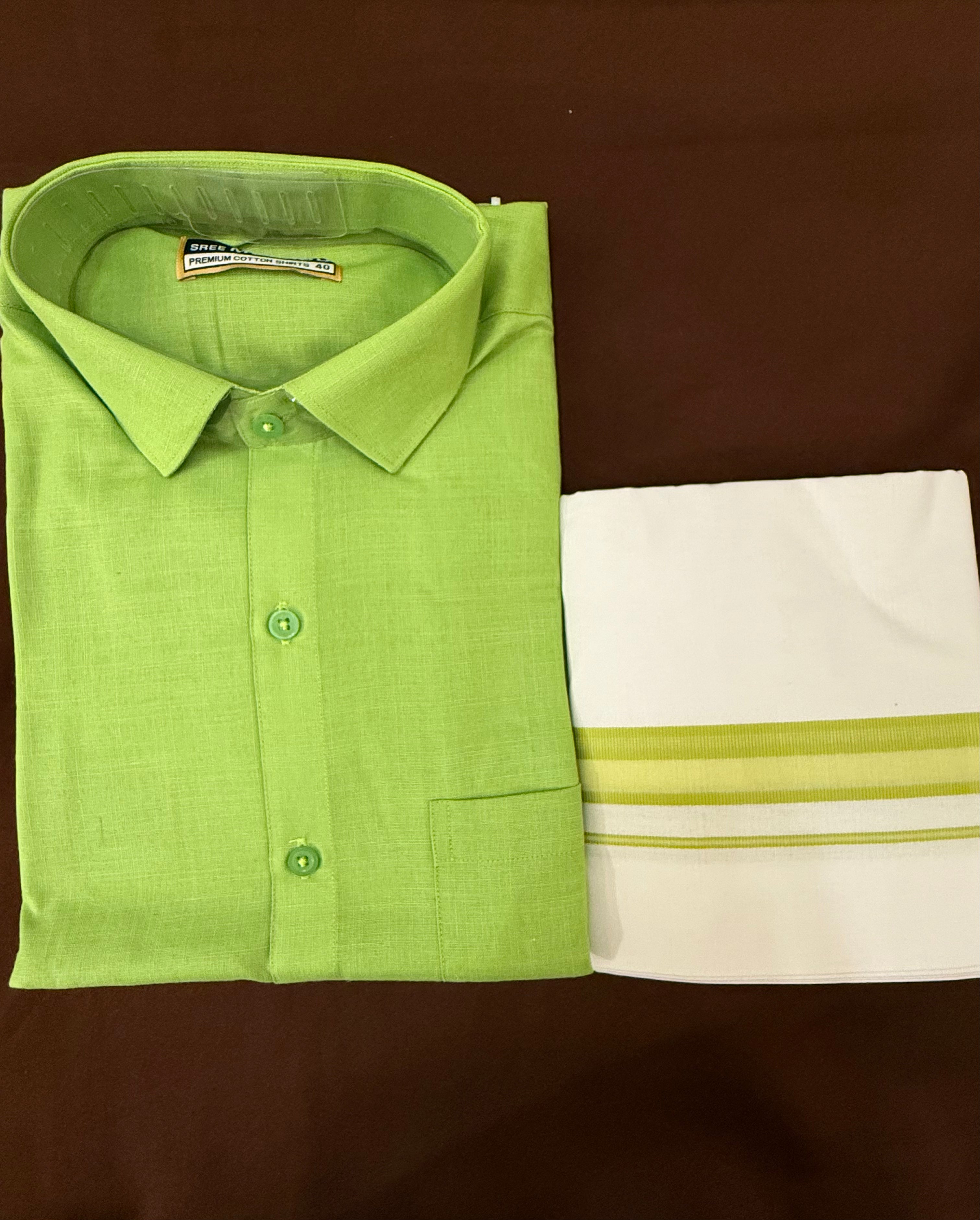 Stylish Leaf Green Men's Cotton Shirt with Embroidered Border & Matching Dhoti Set - Perfect for Indian Weddings, Festivals and Cultural Events