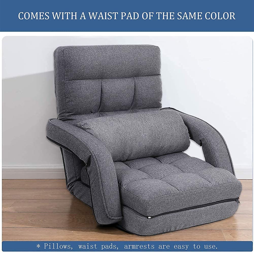 Ergonomic 42-Position Folding Gaming Chair for Adults - Adjustable Floor Sofa with Lumbar Support & Pillow - Perfect for Living Room, Bedroom & Balcony Relaxation - Grey Chaise Lounge (Model 8803GR) - Ideal for Gaming, Reading & TV Watching