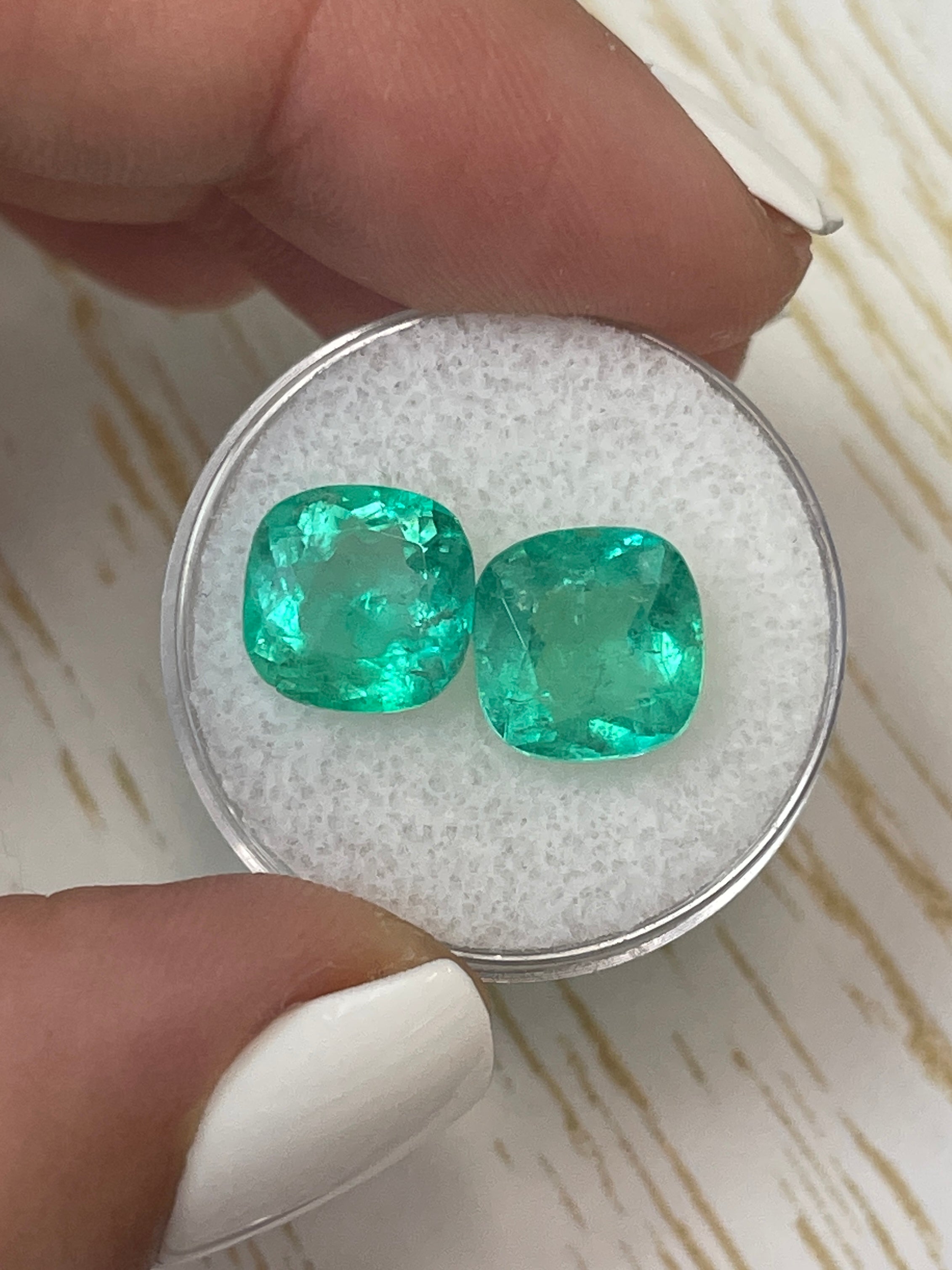 6.74tcw 9.5x9.5mm Matching Pair Natural Colombian Emerald Gemstones - Bluish Green Cushion Cut Loose Emeralds for Jewelry Making, Engagement Rings & Collector's Items