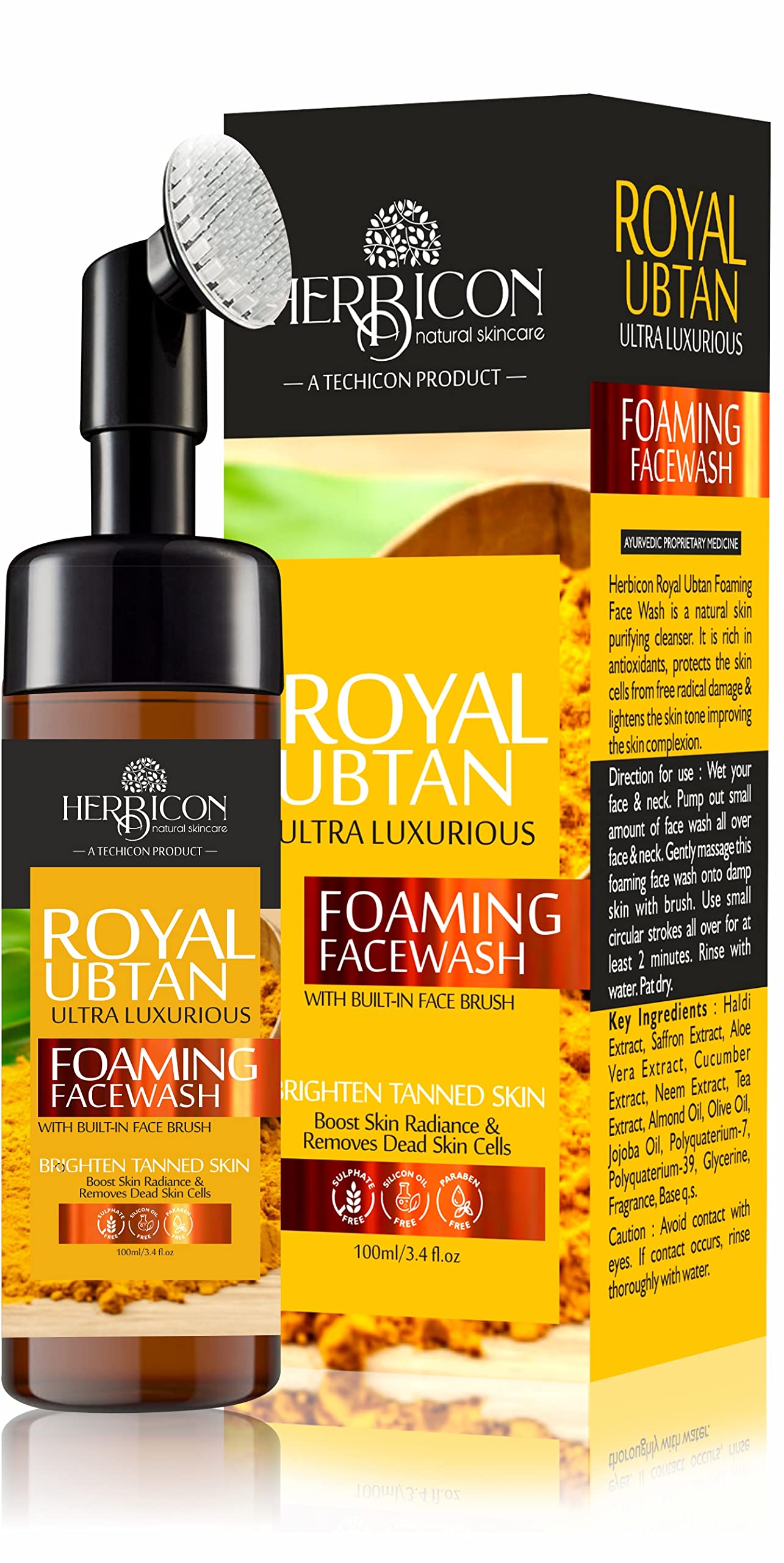 Herbicon Royal Ubtan Foaming Face Wash with Turmeric & Saffron - 100ml | Built-In Foaming Brush for Tan Removal & Brightening | Perfect for Daily Skincare & Glowing Complexion