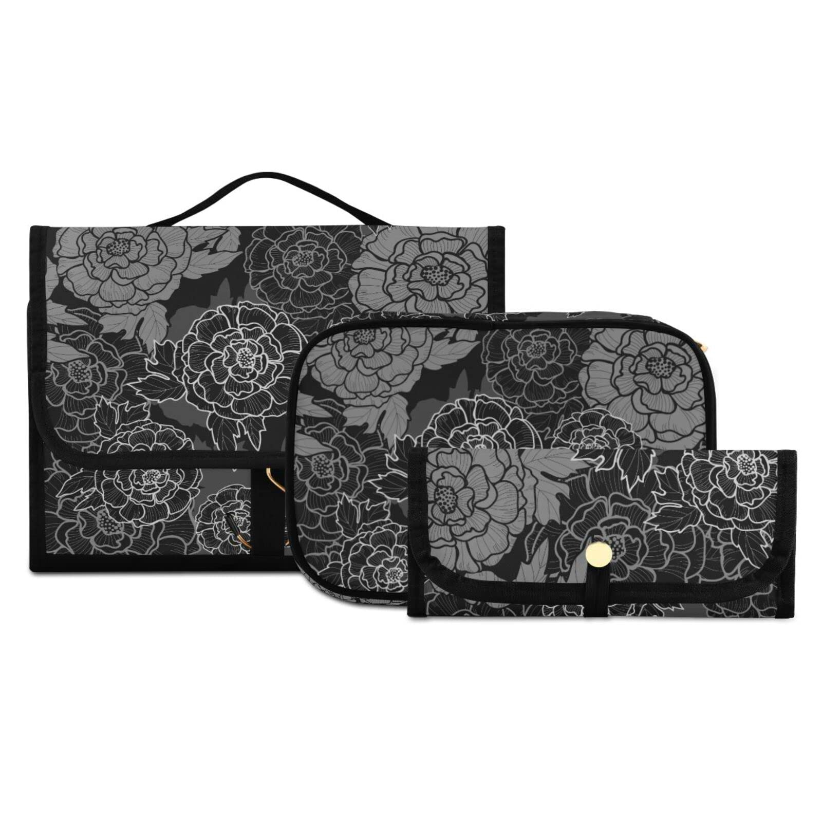 Susiyo Peony Black & White Toiletry Bag Set of 3 - Portable Travel Cosmetic Cases & Makeup Brush Organizer for Women & Girls | Perfect for Vacation, Gym & Daily Essentials Storage