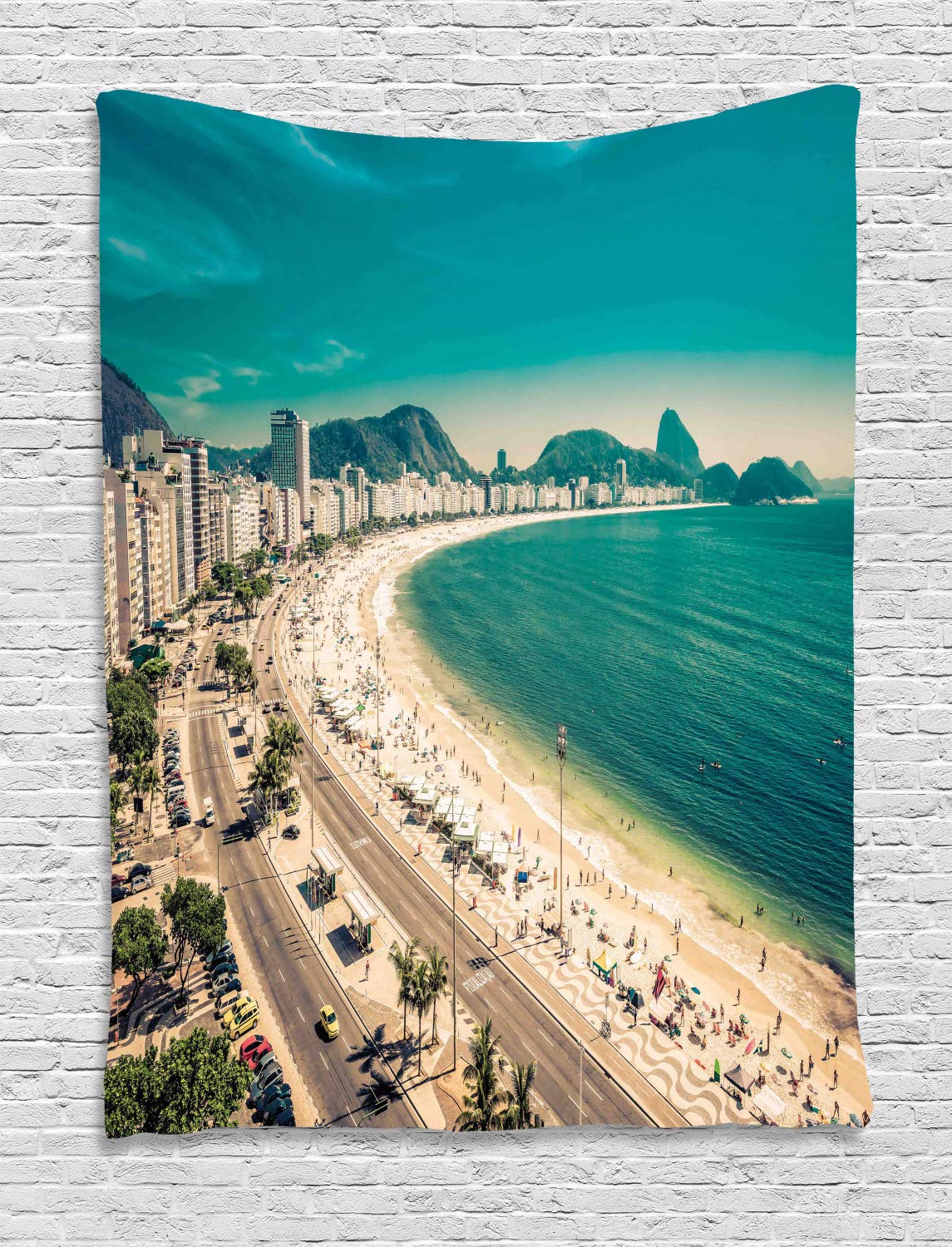 Ambesonne Vintage Beach Tapestry - Copacabana & Ipanema Beach Wall Art with Sugar Loaf Mountain Rio de Janeiro Scenery - 60x80 Inch Bohemian Wall Hanging for Bedroom, Living Room, Dorm Decor - Perfect for Beach Theme Parties, Boho Home Decor & Vacation Vibes