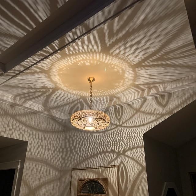 Moroccan Rustic Pendant Light Fixture - 25cm Gold Hanging Chandelier for Dining Room, Farmhouse Kitchen & Living Room Decor - Unique Maximalist Lighting for Boho, Vintage & Mediterranean Style Homes
