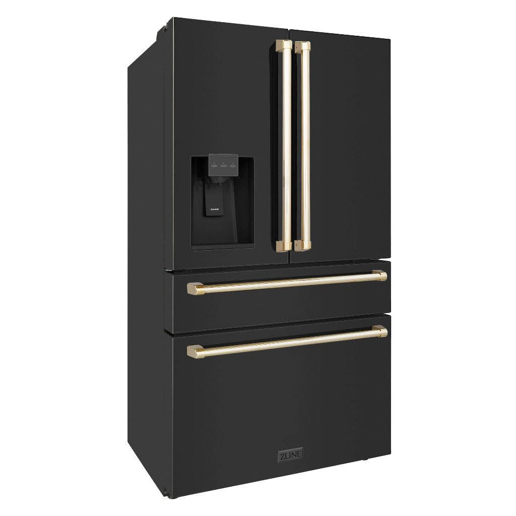 ZLINE Autograph Edition 36 Inch Counter Depth French Door Refrigerator - 21.6 cu. ft. Capacity, Fingerprint Resistant Black Stainless Steel with Polished Gold Handles, Built-In Water and Ice Dispenser (RFMZ W 36 BS G) - Perfect for Modern Kitchens, Open-Concept Homes & Entertaining Spaces