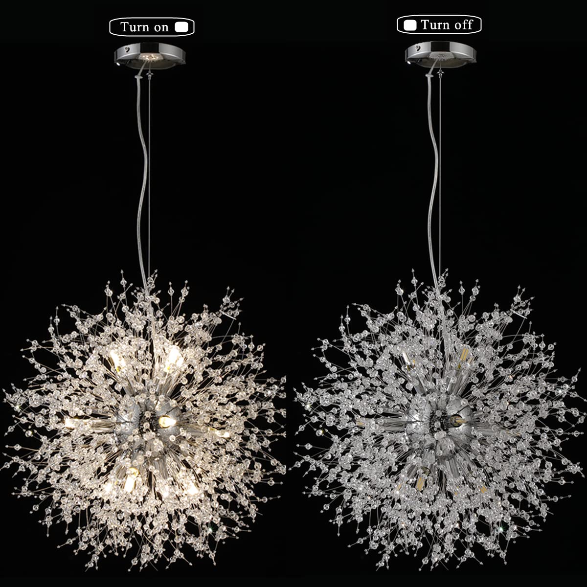 Modern Dandelion Chandelier - Chrome Firework Hanging Lamp with Sputnik Crystal Pendants - 16-Light Fixture for Kitchen Island, Dining Room & Living Room (25.59