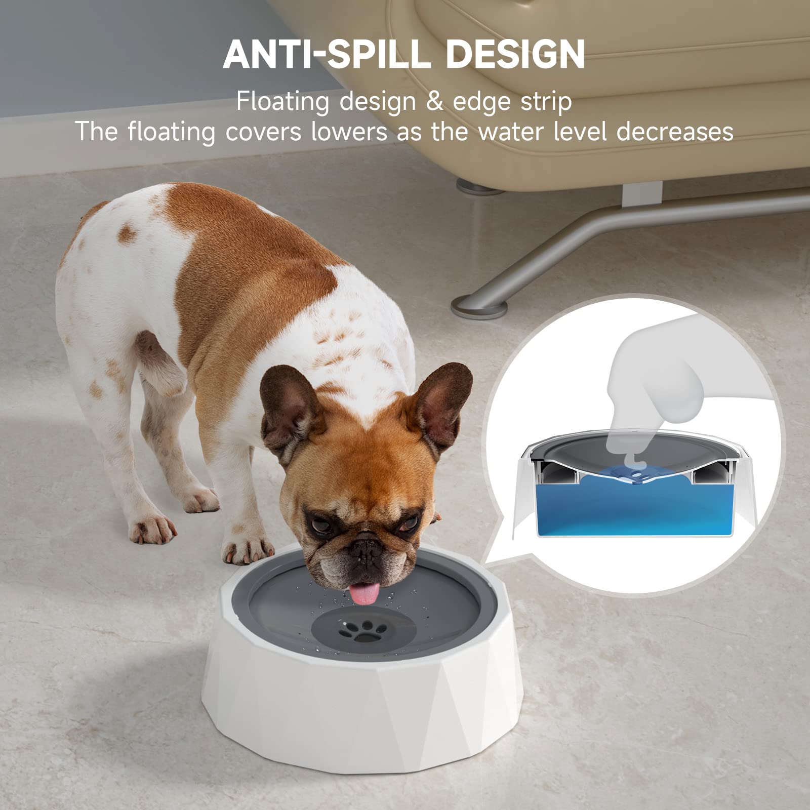 No Spill Slow Feeder Pet Water Bowl - 70oz/2L Large Capacity Drip-Free Dog & Cat Bowl with Filter, Grey - Perfect for Travel, Home & Outdoor Use
