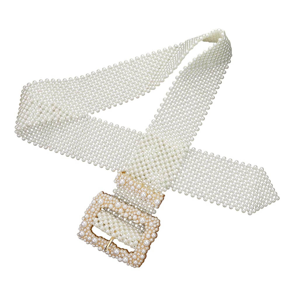 Elegant Cream Pearl Embellished Rectangle Buckle Belt for Women | Fashion Waist Accessory for Dresses, Skirts & Jeans | Perfect for Office, Party & Wedding Outfits