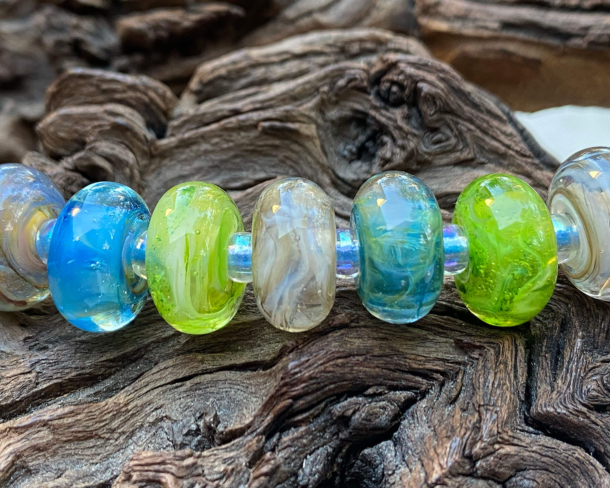 15 Bright Blue Green Swirls Lampwork Glass Beads Set for Jewelry Making - DIY Bracelets, Necklaces & Crafts (SRA)