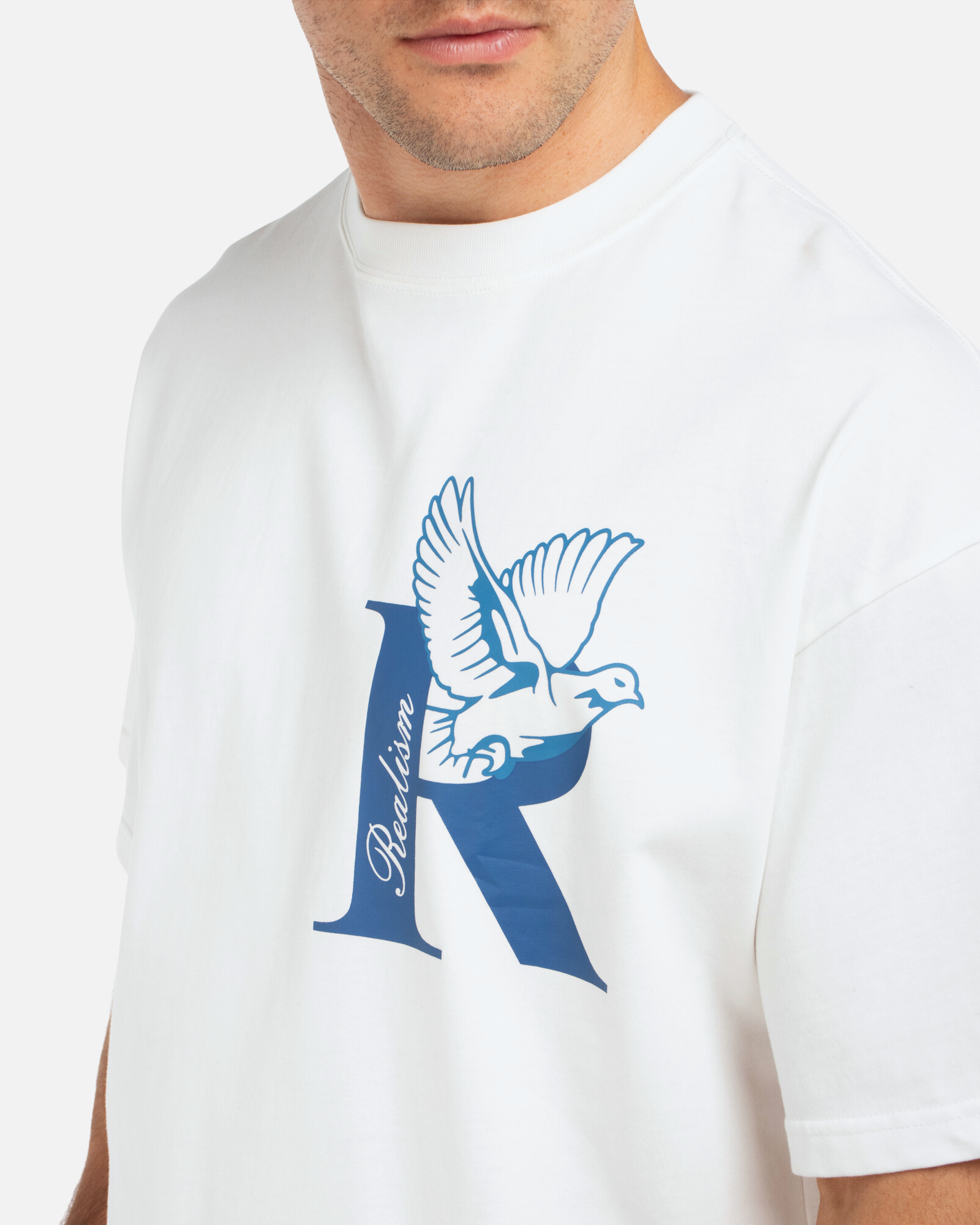 SSS Realism Dove Logo T-Shirt - White Cotton Crewneck Tee for Men & Women | Casual Wear, Street Style, Everyday Outfit