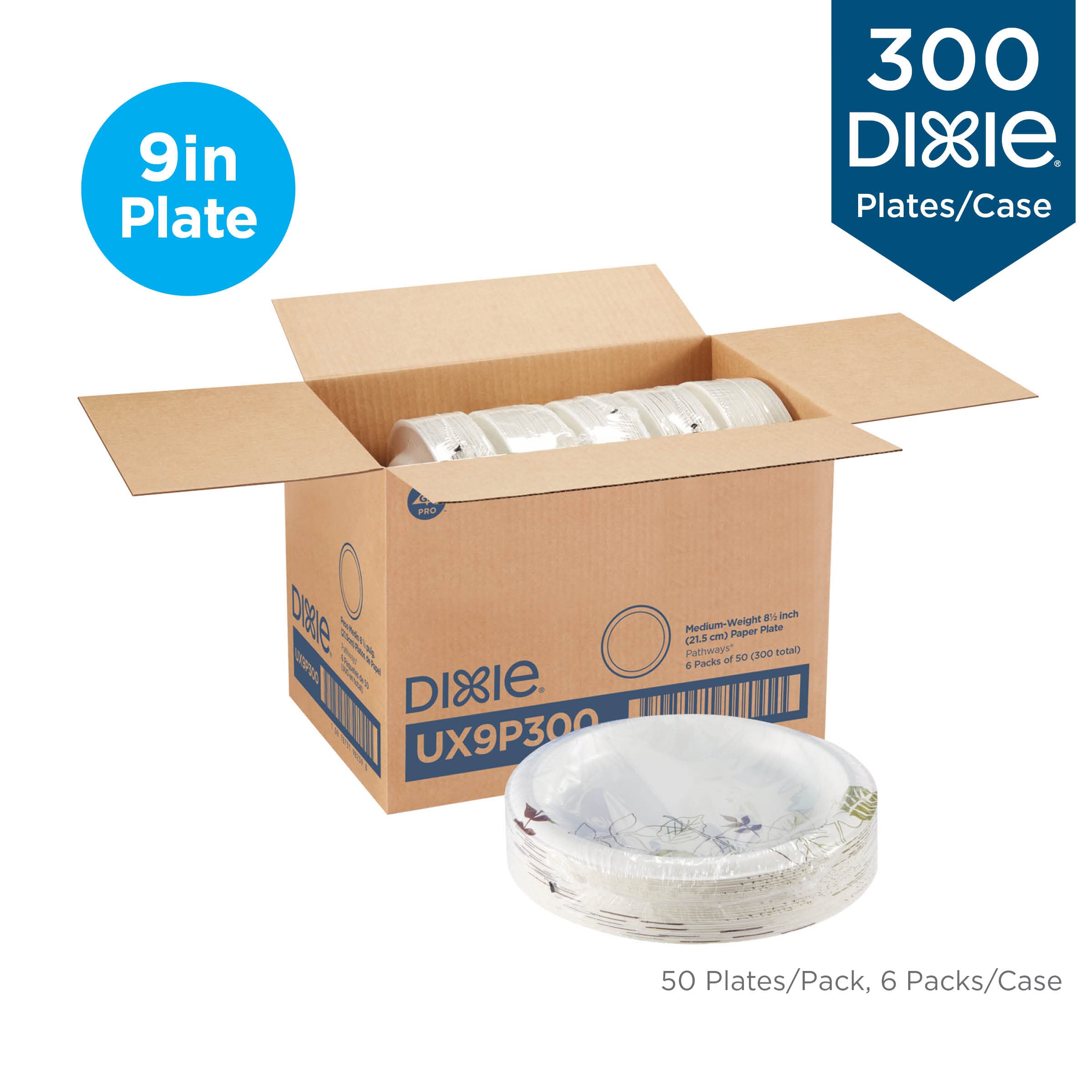 Dixie Bulk Paper Plates 8.5 Inch - 300 Count (6 Packs of 50) - Medium Weight White Disposable Plates for Home, Restaurants, Events & Catering - Perfect for Parties, BBQs, Picnics & Office Lunches - Item #UX9P300