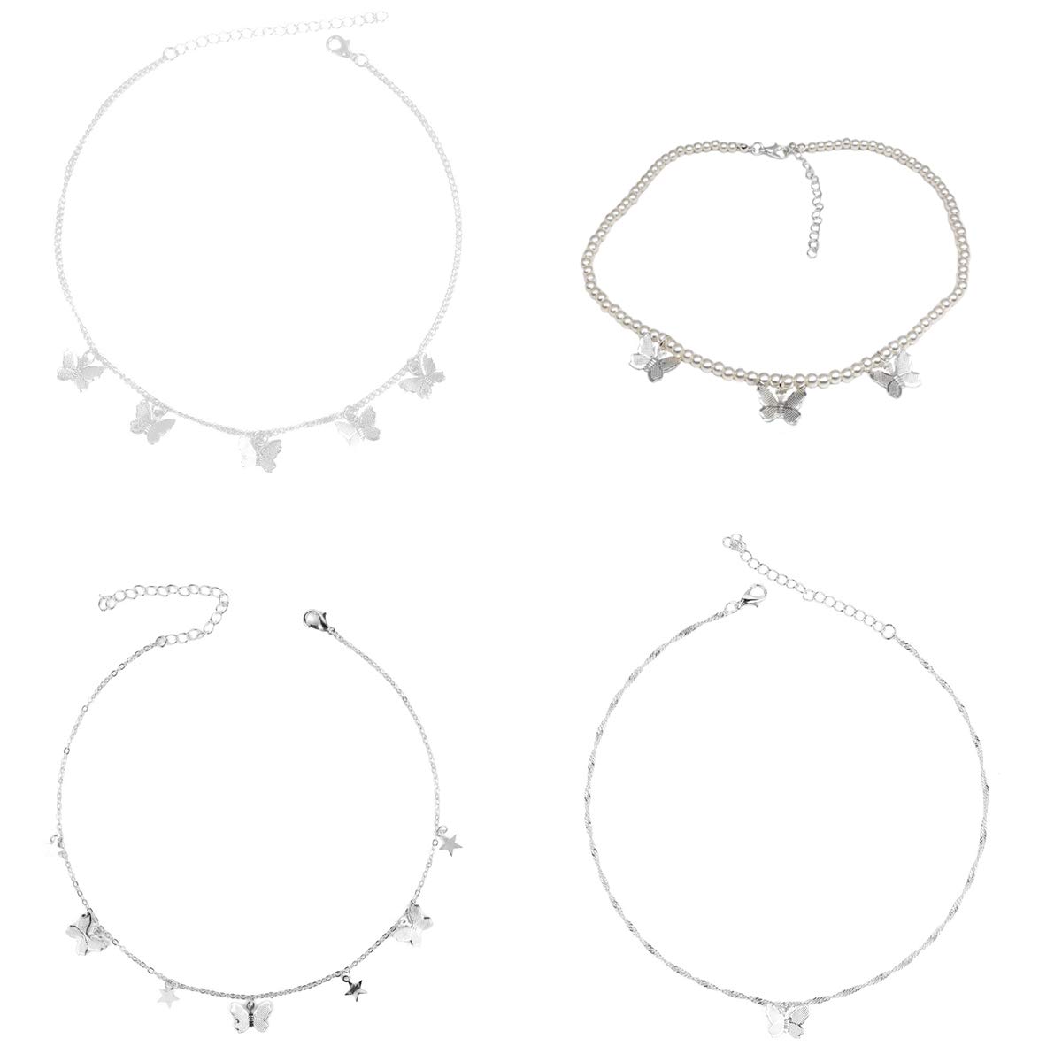 4 Pcs Butterfly Necklace & Earrings Set - Adjustable Butterfly Star Pearl Chain Necklace with Charm Hoop Earrings for Women & Girls in Silver | Perfect for Parties, Weddings & Everyday Wear
