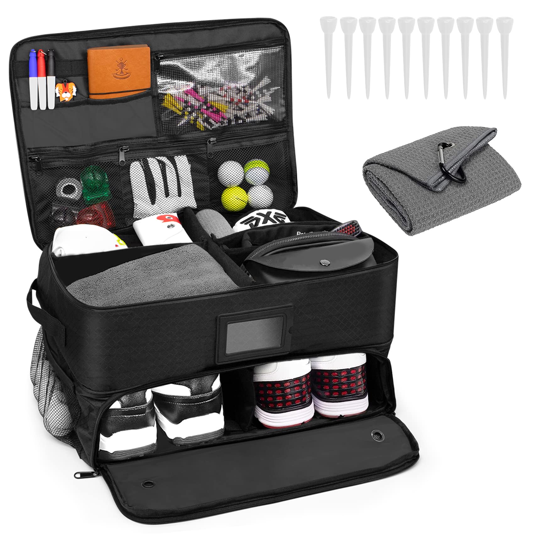 2 Layer Golf Trunk Organizer for SUV - Car Golf Storage with Ventilated Shoe Compartment for Shoes, Balls, Tees & Accessories - Perfect Golf Gifts for Men - Ideal for Travel & Tournament Use
