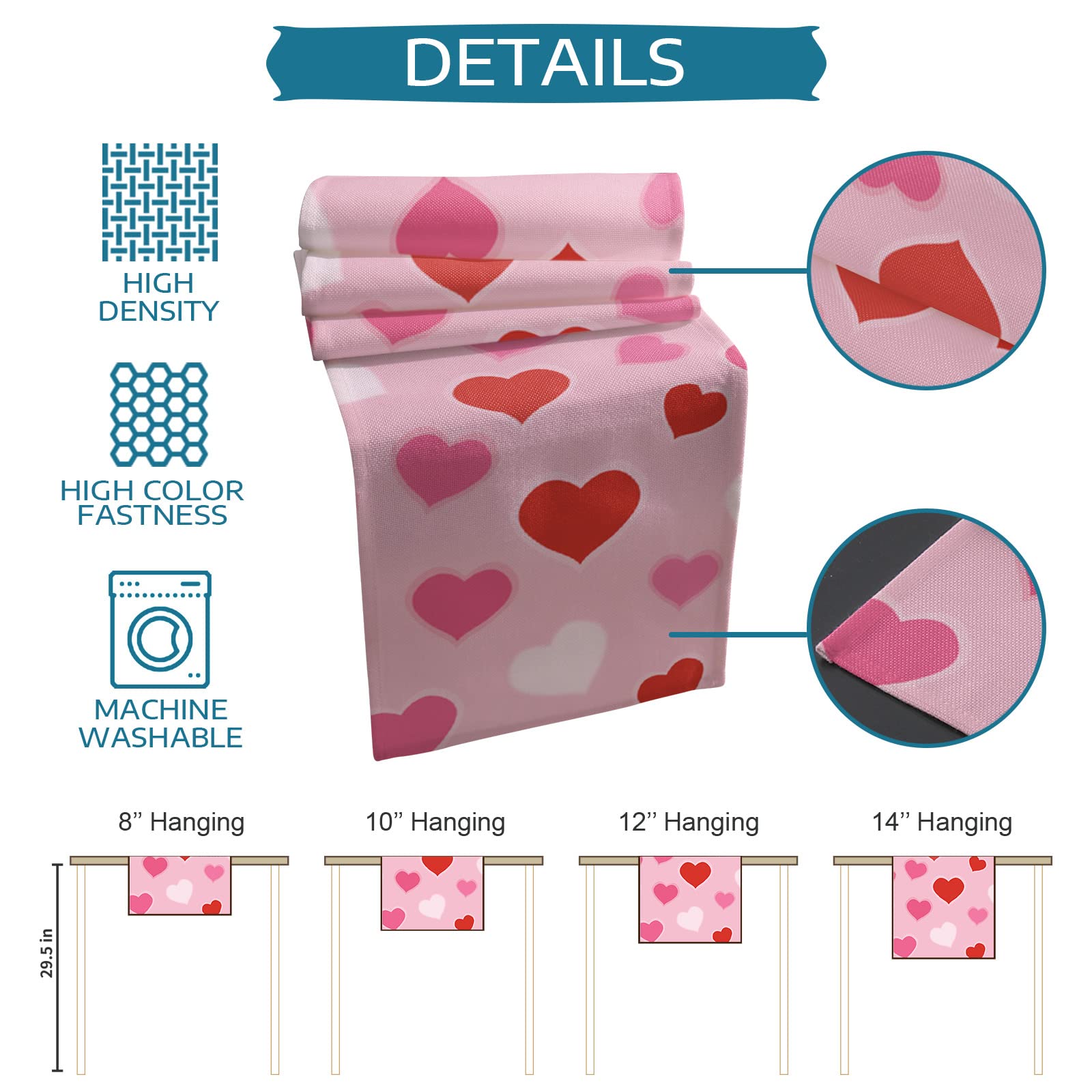 Romantic Love Heart Table Runner - Valentine's Day Dining Table Decor, Pink & Red Dresser Scarf for Kitchen, Wedding, Party Decorations - Perfect for Romantic Dinners & Special Occasions