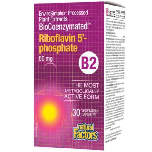 Natural Factors BioCoenzymated 50mg Riboflavin 5' Phosphate B2 Vitamin Supplement - 30 Vegetarian Capsules for Energy, Metabolism & Migraine Support