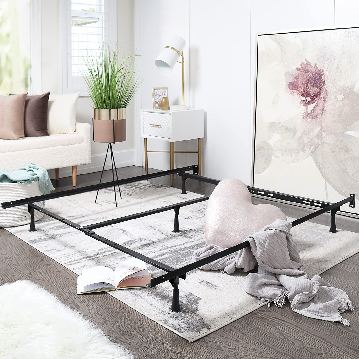 Clara Clark Adjustable Bed Rails - Sturdy Metal Bed Frame with Center Support Leg - 5.25