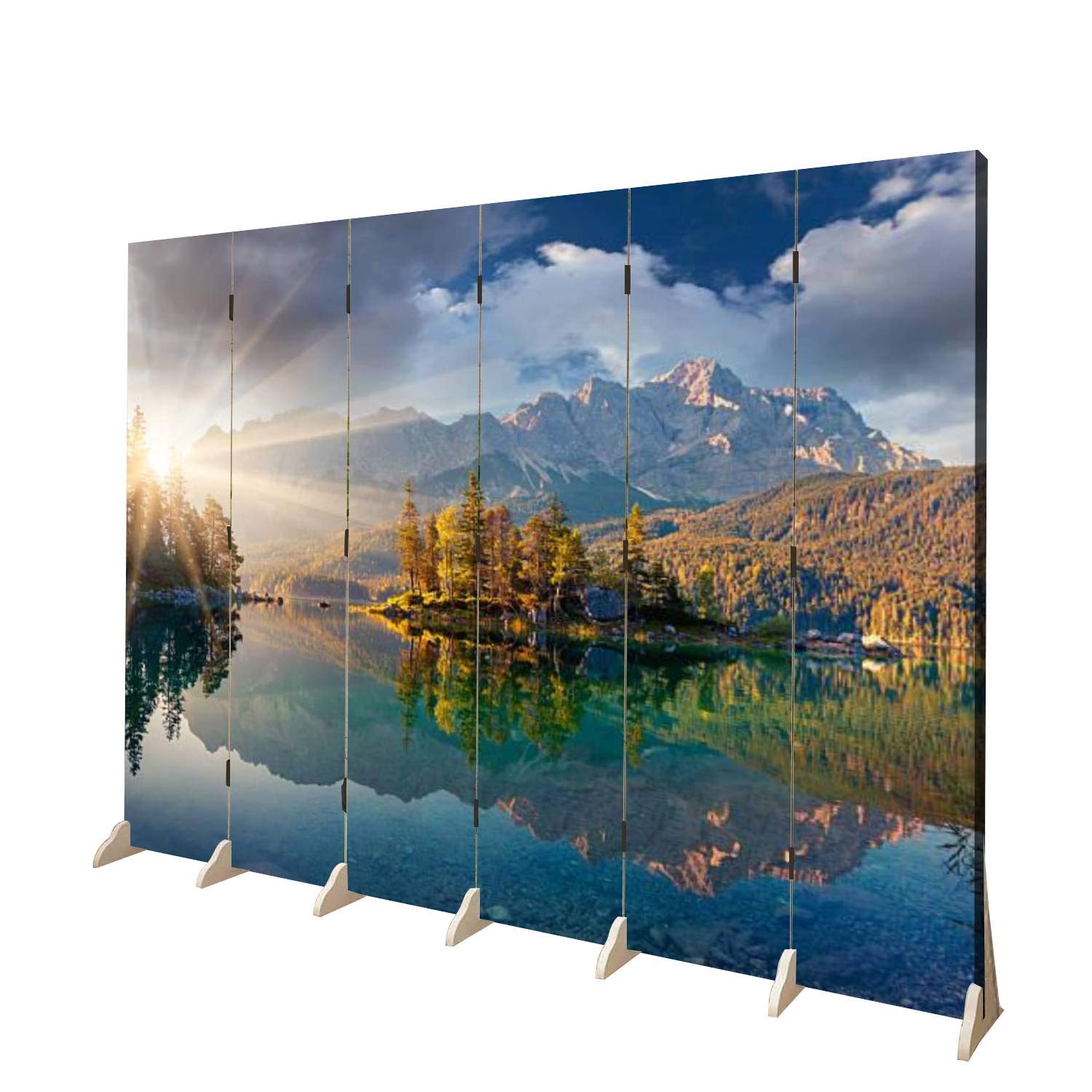 6-Panel Wooden Room Divider with Misty Summer Morning Eibsee Lake Canvas Print - German Alps Landscape Folding Screen for Privacy, Home Decor & Indoor Partition - Perfect for Living Rooms, Bedrooms & Office Spaces