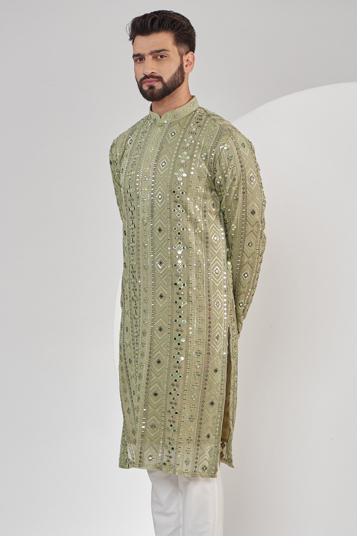 Exquisite Mehndi Green Mirror Work Kurta for Women – Traditional Indian Embroidered Tunic Top for Festivals & Weddings
