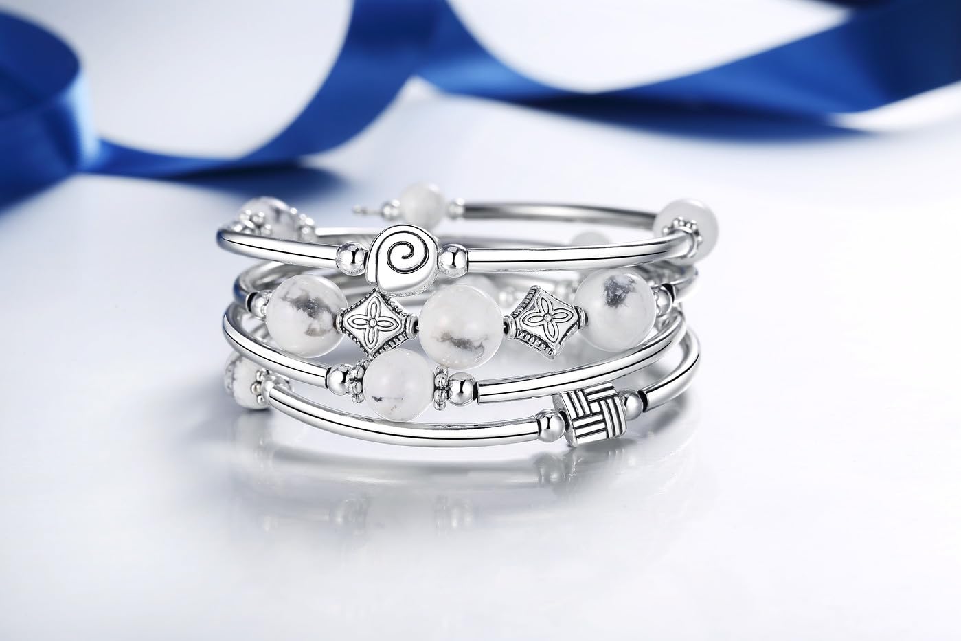 Silver Bangle Bracelet for Women - Elegant Layered Crystal Beaded Stretch Bracelet 8mm, Anxiety Relief Jewelry Gift for Her - Perfect for Parties, Weddings, and Everyday Wear