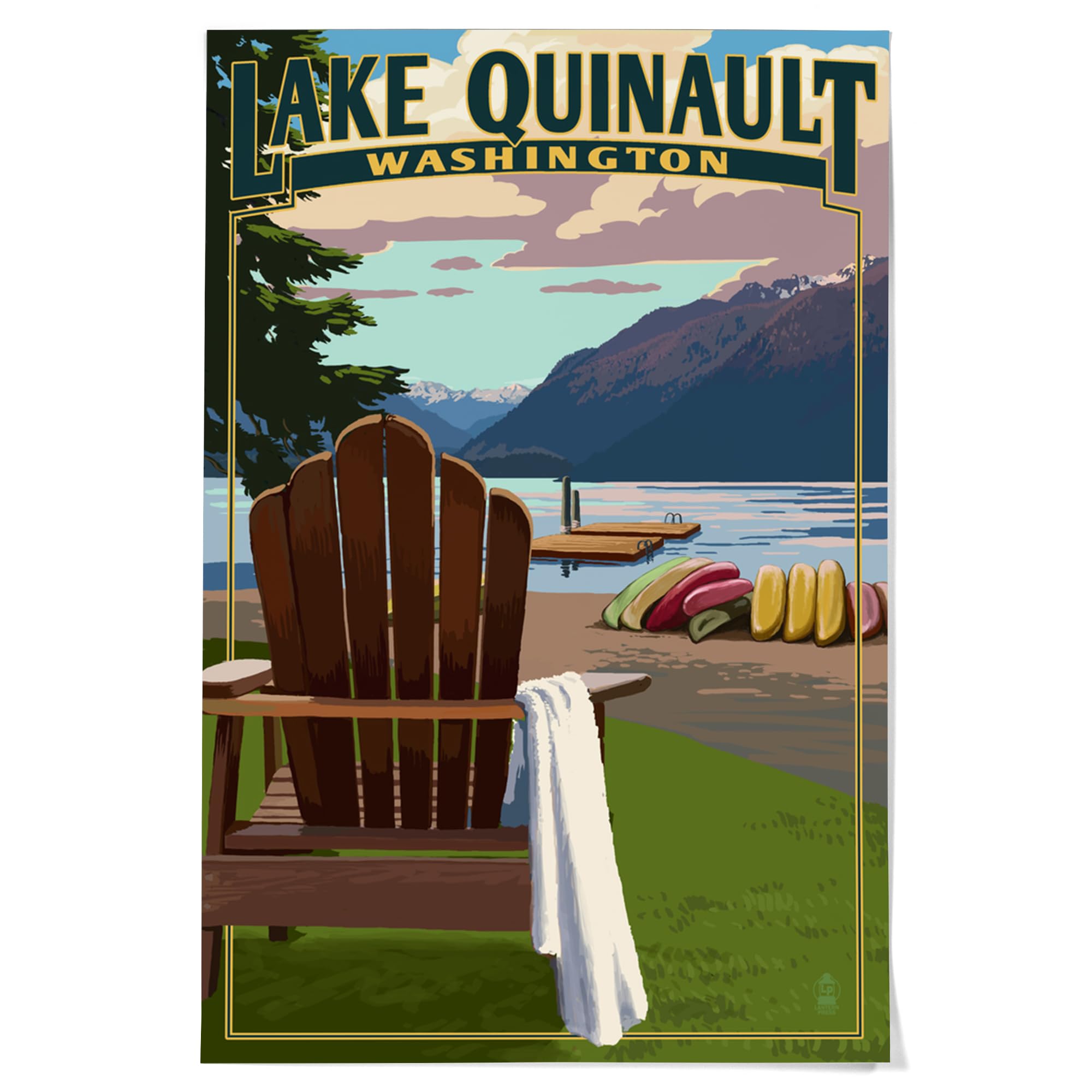 Lantern Press 36x54 Inch Giclee Art Print - Lake Quinault & Adirondack Chairs Wall Decor - Washington Landscape Canvas - Perfect for Living Room, Bedroom & Office Decor