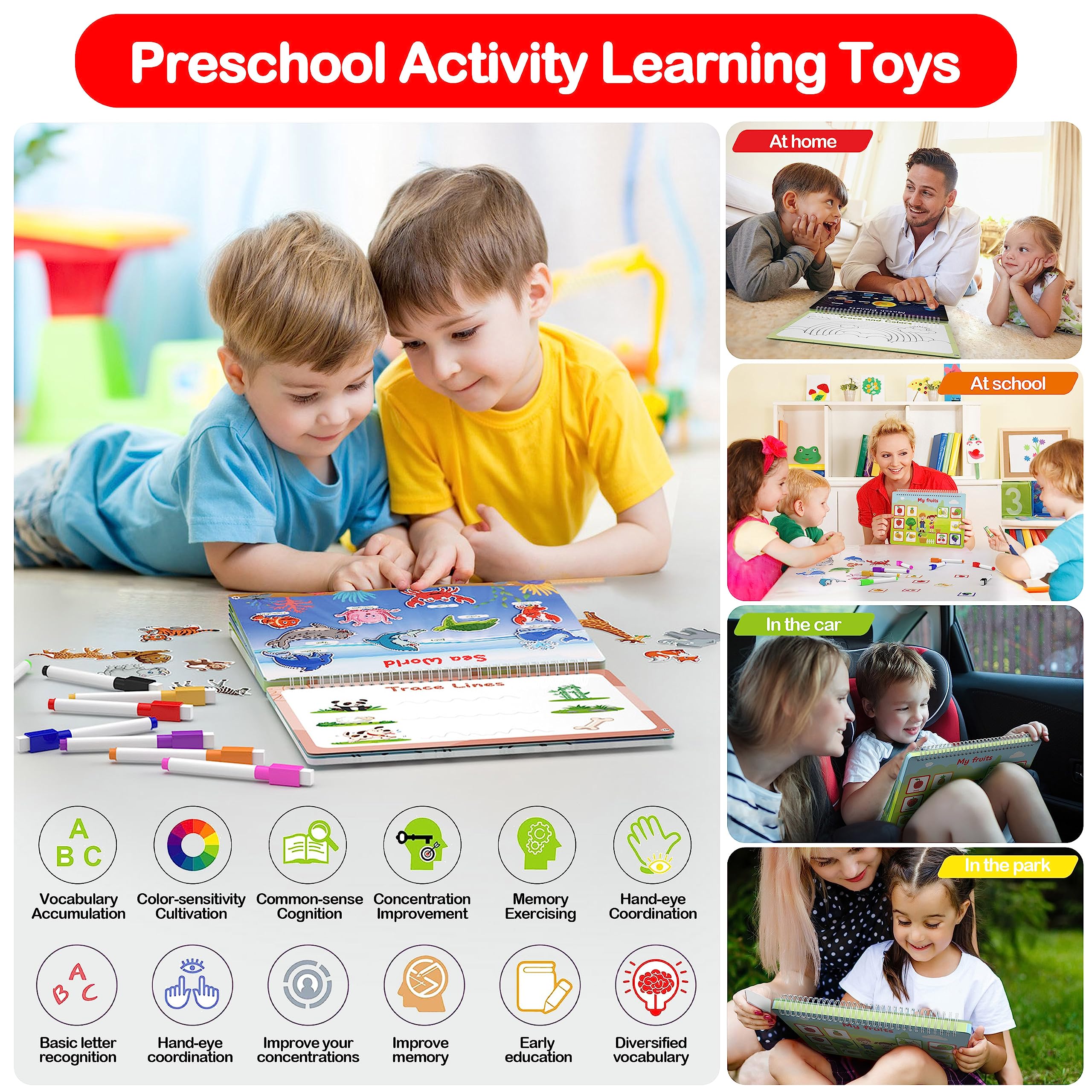 WJPC Toddler Busy Book - 53 Designs for 1-6 Years, Preschool Learning & Quiet Play - Montessori Activity for Boys & Girls at Home or Travel