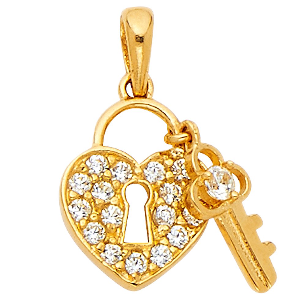 14K Yellow Gold CZ Heart Lock & Key Pendant Necklace with 0.65mm Box Chain - Romantic Gift for Valentine's Day, Anniversary & Special Occasions