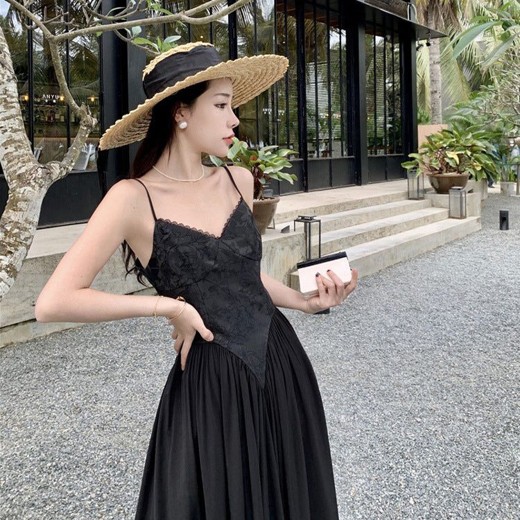 French Style Black Spaghetti Strap Dress - High Waist Retro Long Skirt for Women | Elegant Evening Wear, Summer Party Dress, Vintage Fashion Outfit