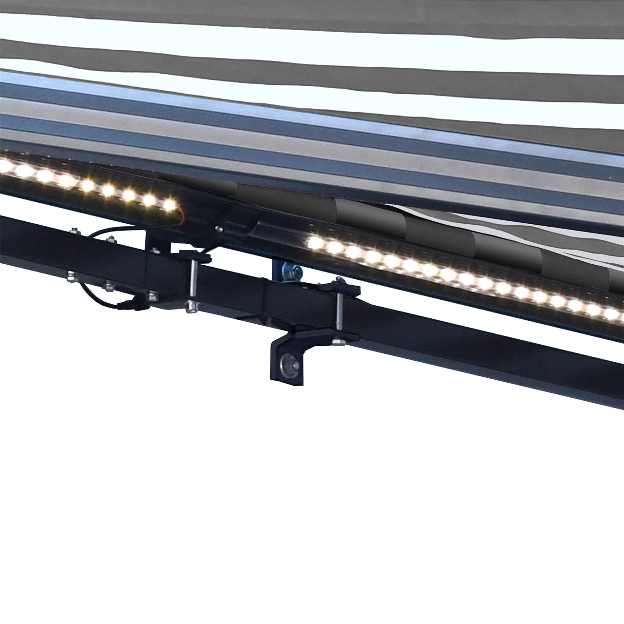 16x10ft Aleko Half Cassette Motorized Retractable LED Patio Awning - Gray & White Stripes for Outdoor Shade & Luxury Backyard Relaxation