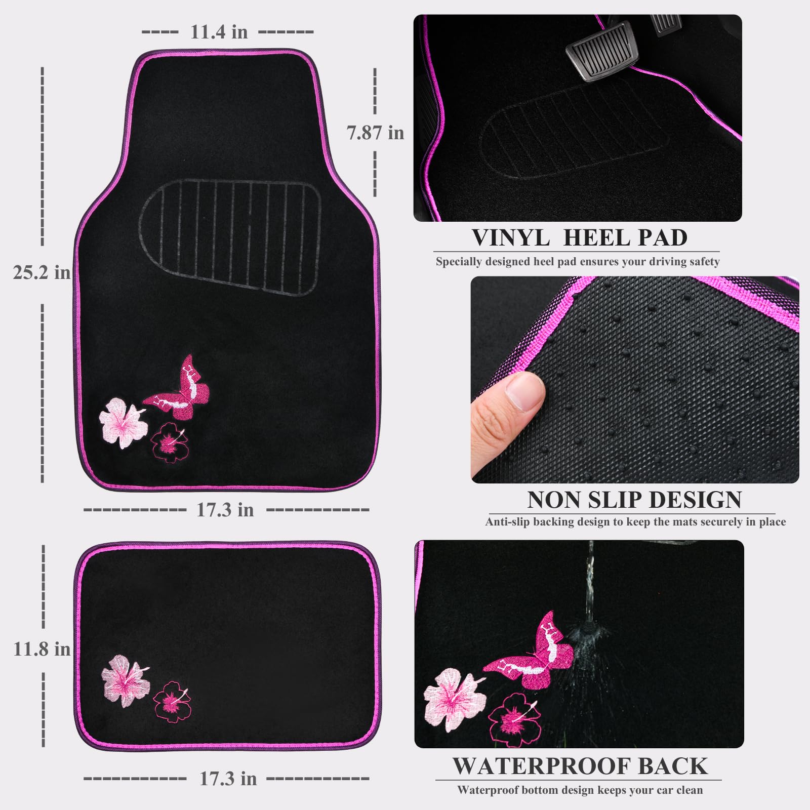 Universal CAR PASS Butterfly Car Seat Covers Set - Waterproof Embroidered Flower Car Mats, Steering Wheel Cover - Black & Pink Interior Accessories for Sedan, SUV, Minivan | Perfect for Road Trips & Daily Commute