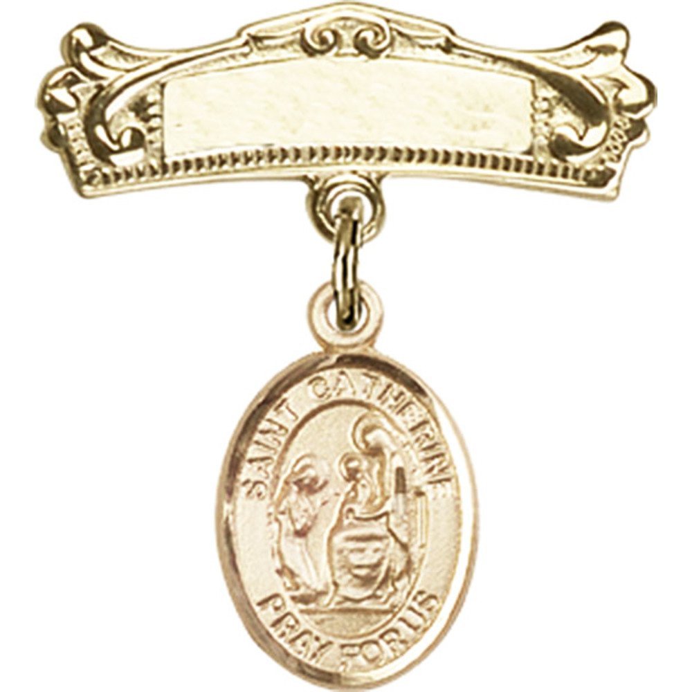 St. Catherine of Siena Gold Filled Baby Badge Charm - 7/8 X 3/4 Inch Arched Polished Pin for Christening, Baptism & First Communion Gifts