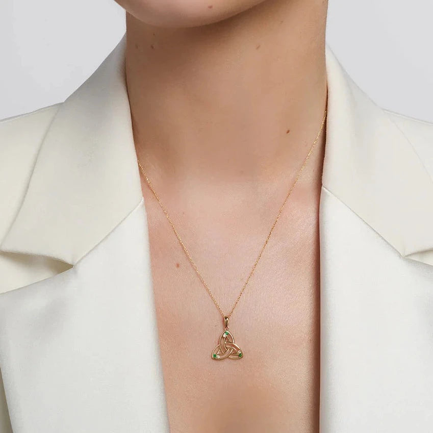 14K Gold Diamond & Emerald Trinity Knot Necklace for Women - Elegant Celtic Jewelry Gift for Anniversary, Wedding, or Special Occasion