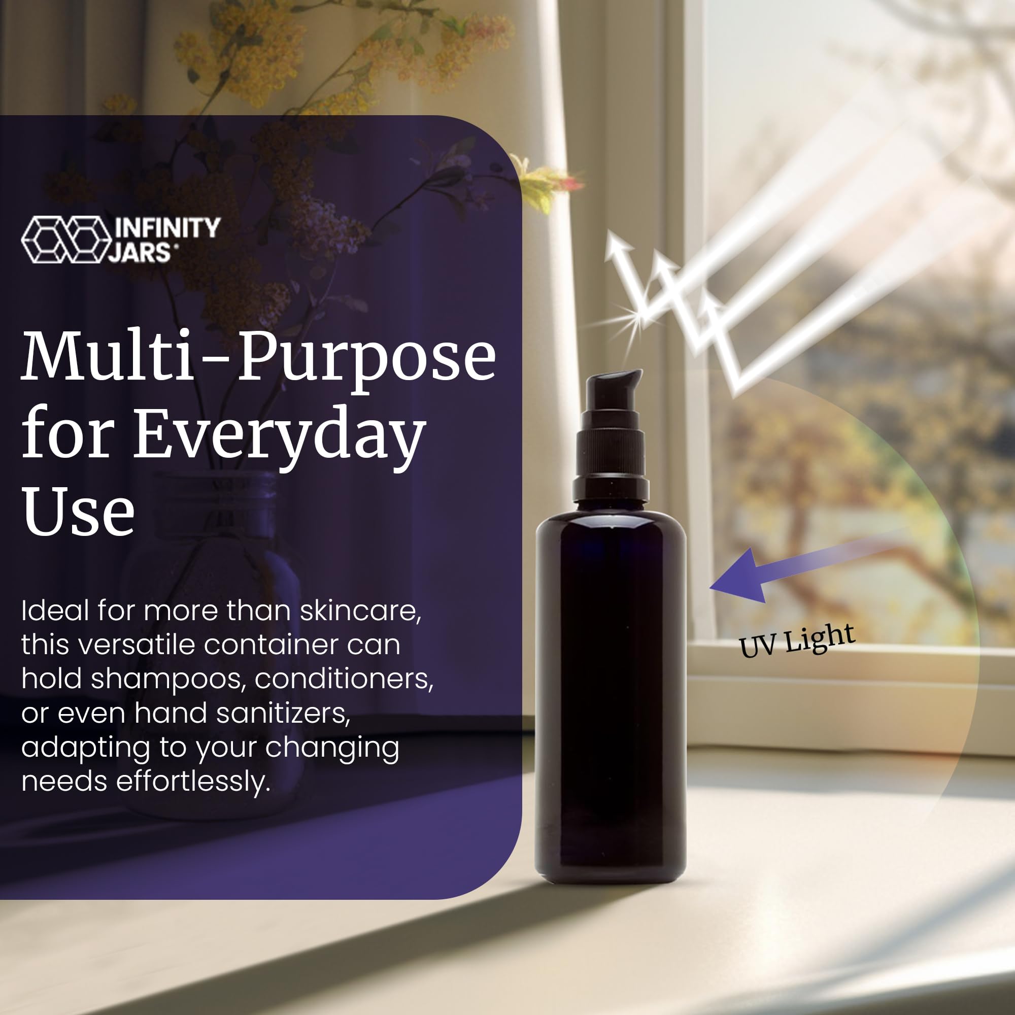 **Infinity Jars Ultraviolet Glass Push Pump Bottles 100ml (3.4 fl oz) - 10-Pack Refillable Containers for Lotion, Homemade Cosmetics, Makeup, Skin Care Cream, Shampoo & Conditioner | Perfect for DIY Beauty, Travel & Salon Use**