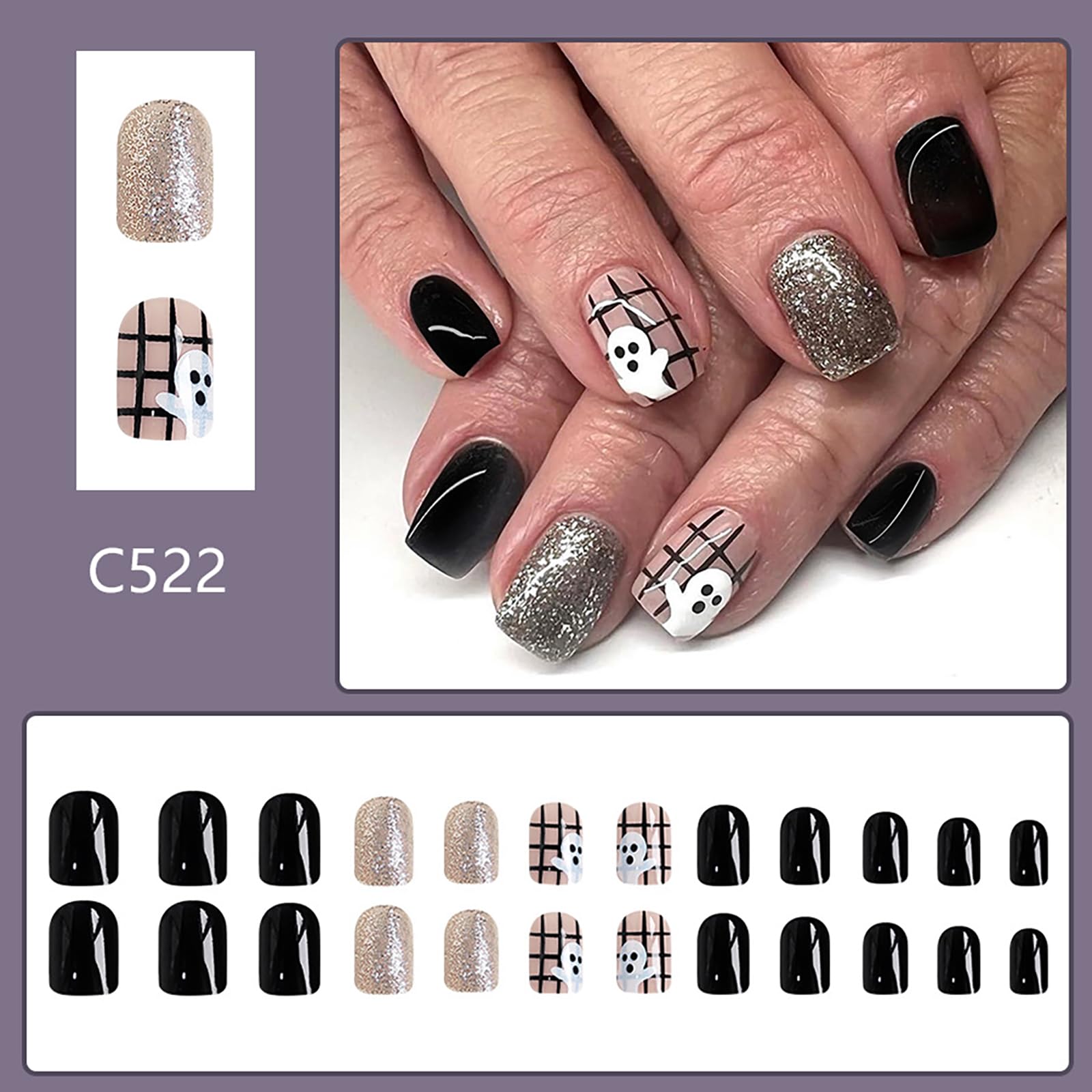 24Pcs Halloween Press-On Nails Short Square Black Fake Nails with Ghost Design - Glitter Acrylic Full Cover Stick on Nails for Women & Girls | Perfect for Halloween Parties, Costume Events & Spooky Nail Art