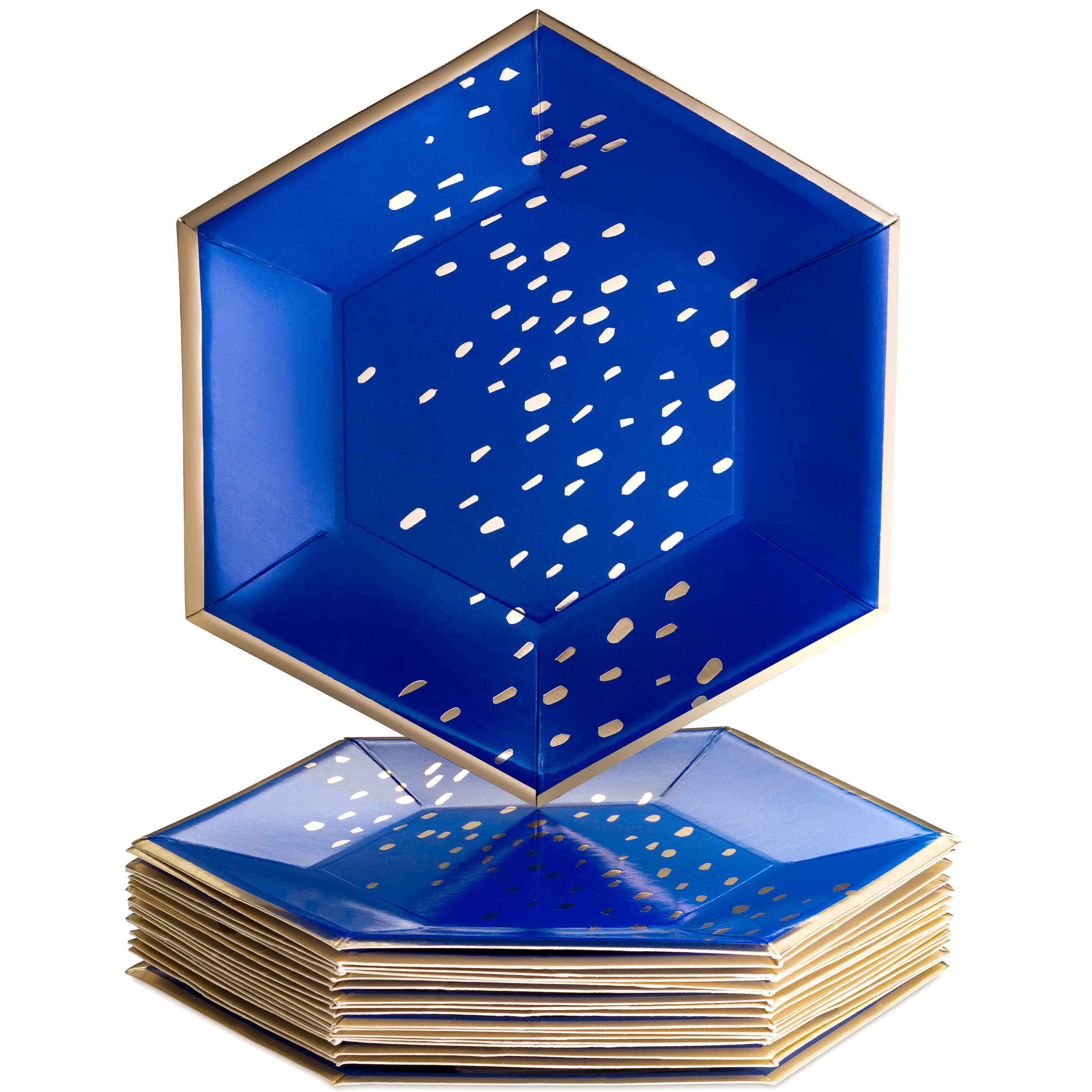 Hexagon Design Heavy Duty Disposable Paper Plates (18 Pack) - 7 Inch Silver Spoons Party Plates for Birthday, Baby Shower, Wedding & Events - Elegant Blue Dessert Plates for Indoor/Outdoor Gatherings