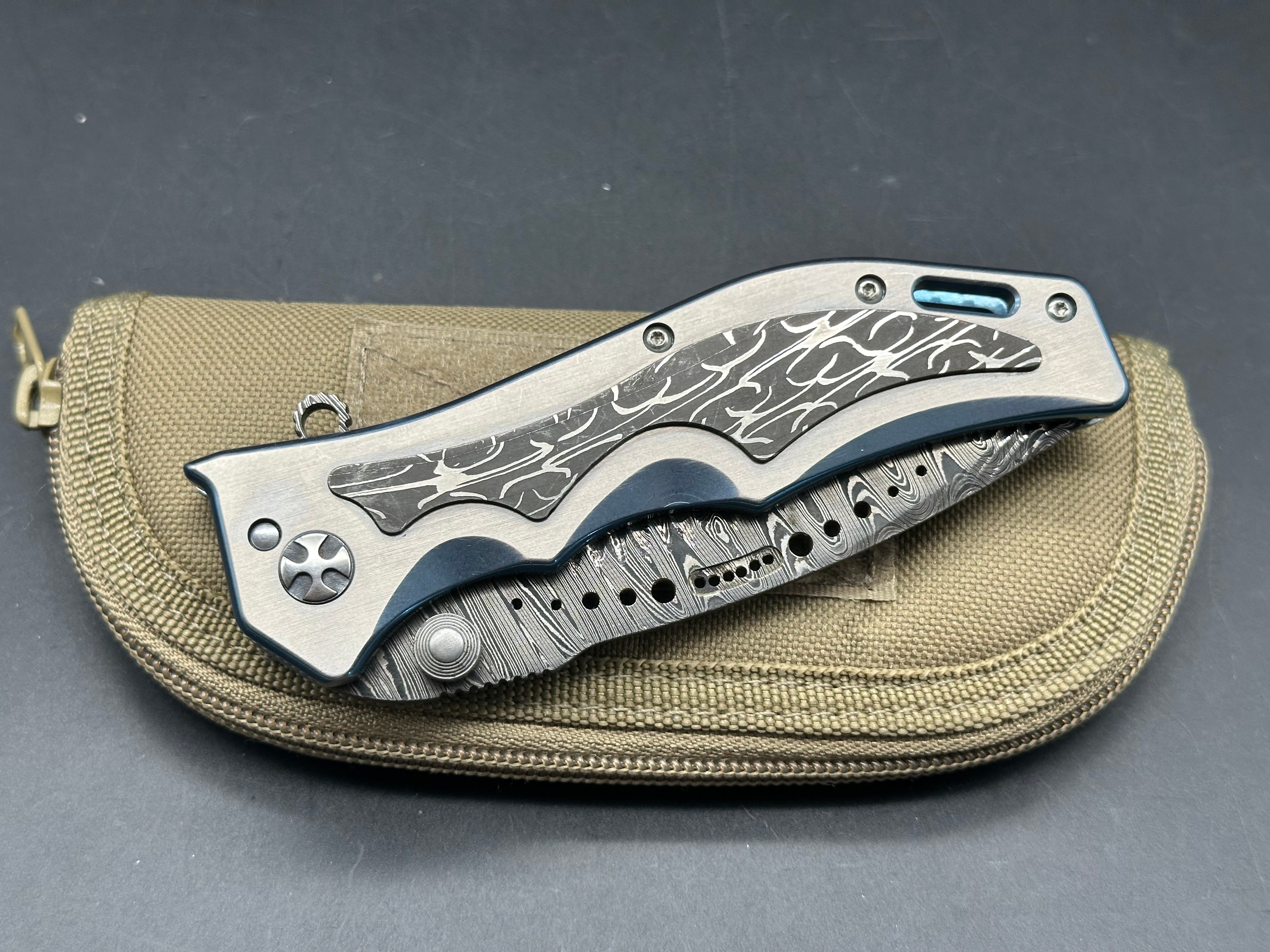 Darrel Ralph Custom Gunhammer Knife - Handcrafted Milled Damascus Steel Blade with Anodized Titanium Handle & Damascus Inlay | Tactical EDC, Outdoor Survival, Hunting, and Collector's Knife